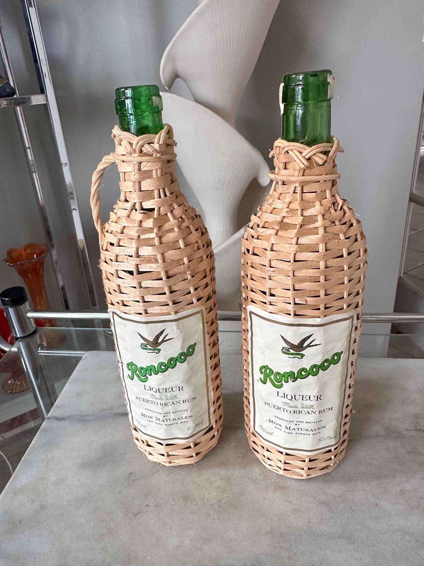 Roncoco Wicker Wrapped Liquor Bottles, Puerto Rican Rum, Set of 2, Spain Bar Decor