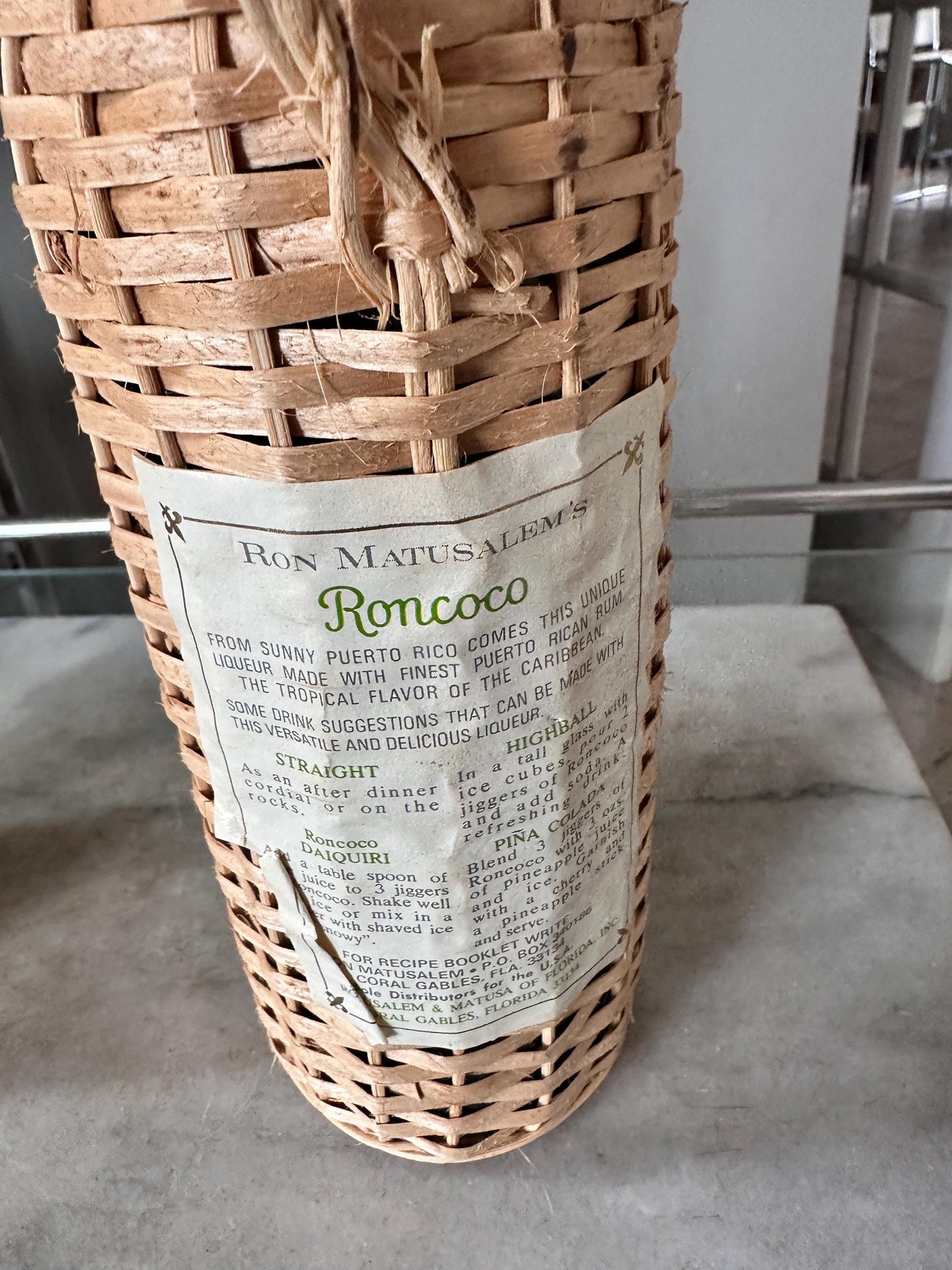Roncoco Wicker Wrapped Liquor Bottles, Puerto Rican Rum, Set of 2, Spain Bar Decor