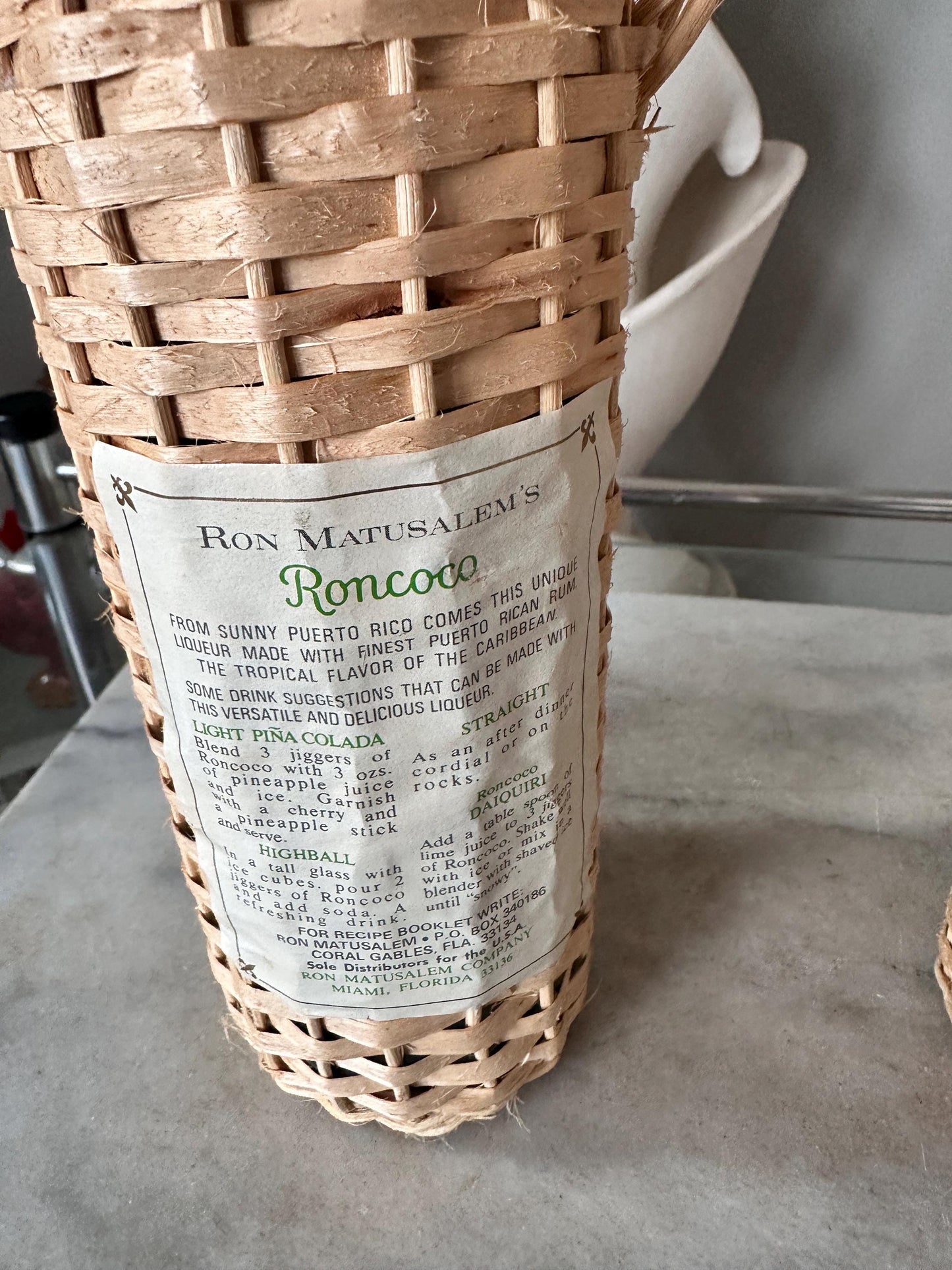 Roncoco Wicker Wrapped Liquor Bottles, Puerto Rican Rum, Set of 2, Spain Bar Decor