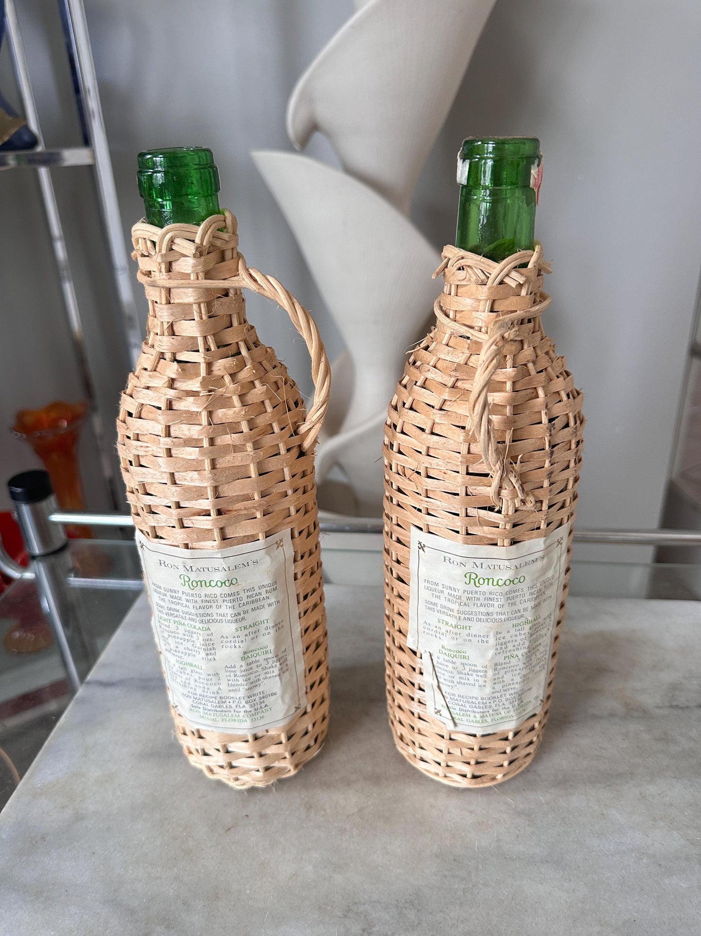 Roncoco Wicker Wrapped Liquor Bottles, Puerto Rican Rum, Set of 2, Spain Bar Decor