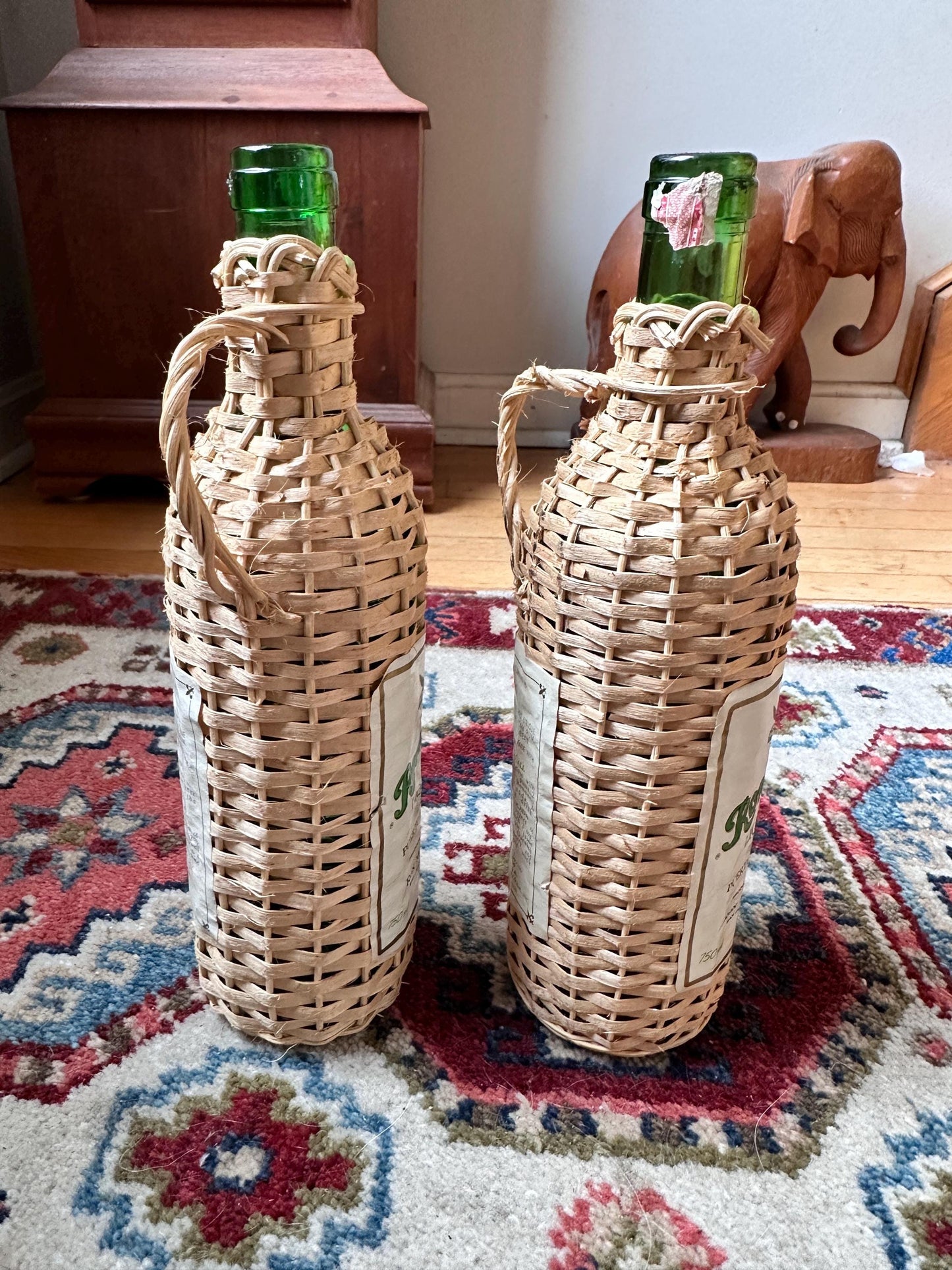 Roncoco Wicker Wrapped Liquor Bottles, Puerto Rican Rum, Set of 2, Spain Bar Decor