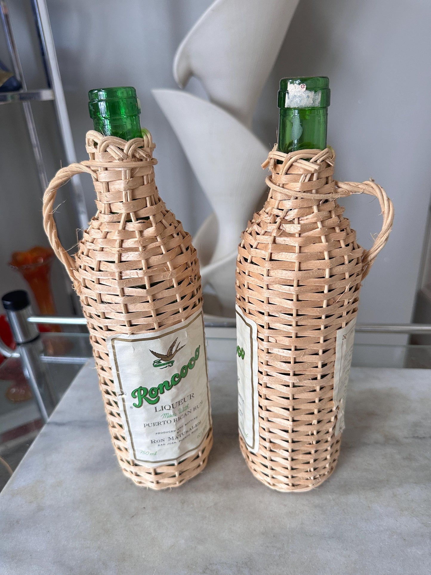 Roncoco Wicker Wrapped Liquor Bottles, Puerto Rican Rum, Set of 2, Spain Bar Decor