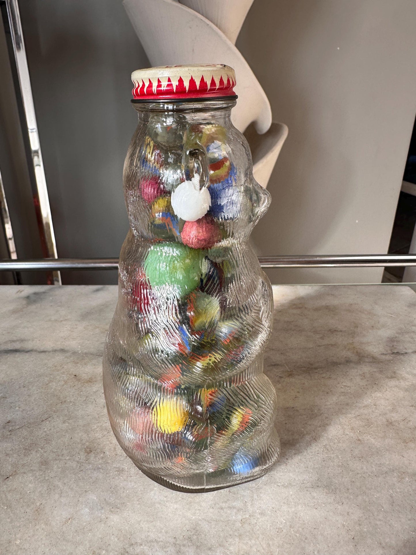Vintage Snow Crest Glass Bear Bottle Bank with Marbles: Cat Eye Shooters
