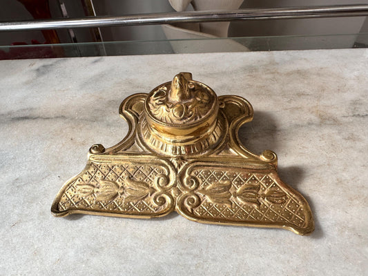 Vintage Brass Art Nouveau Inkwell | Ornate Desk Writing Accessory, Victorian Style