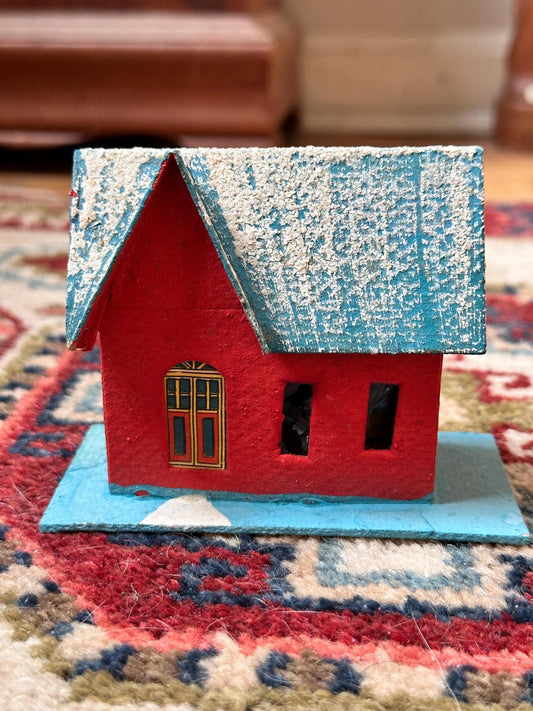 Vintage Blue, Red and White Mica Glitter Putz House, Made in Japan