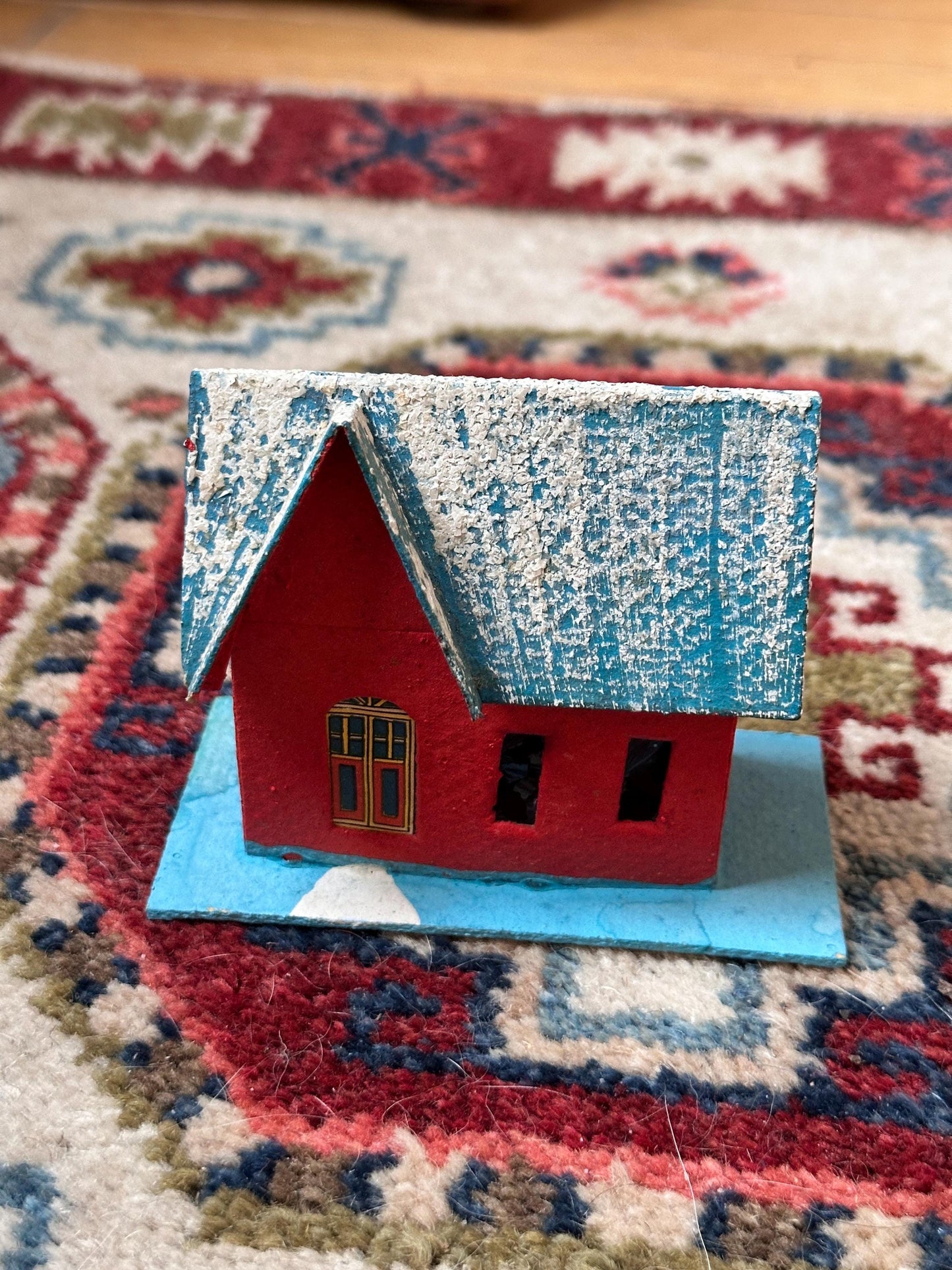 Vintage Blue, Red and White Mica Glitter Putz House, Made in Japan