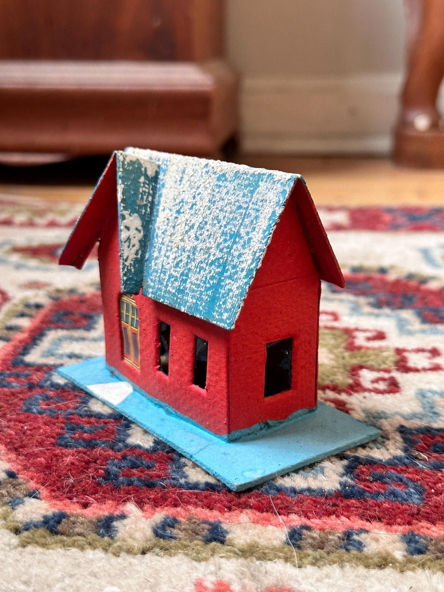 Vintage Blue, Red and White Mica Glitter Putz House, Made in Japan