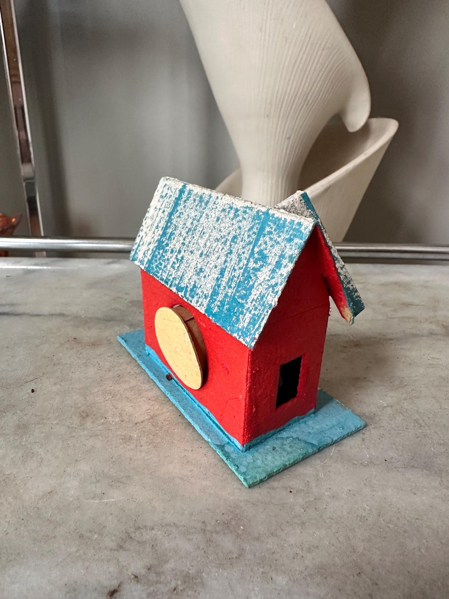 Vintage Blue, Red and White Mica Glitter Putz House, Made in Japan