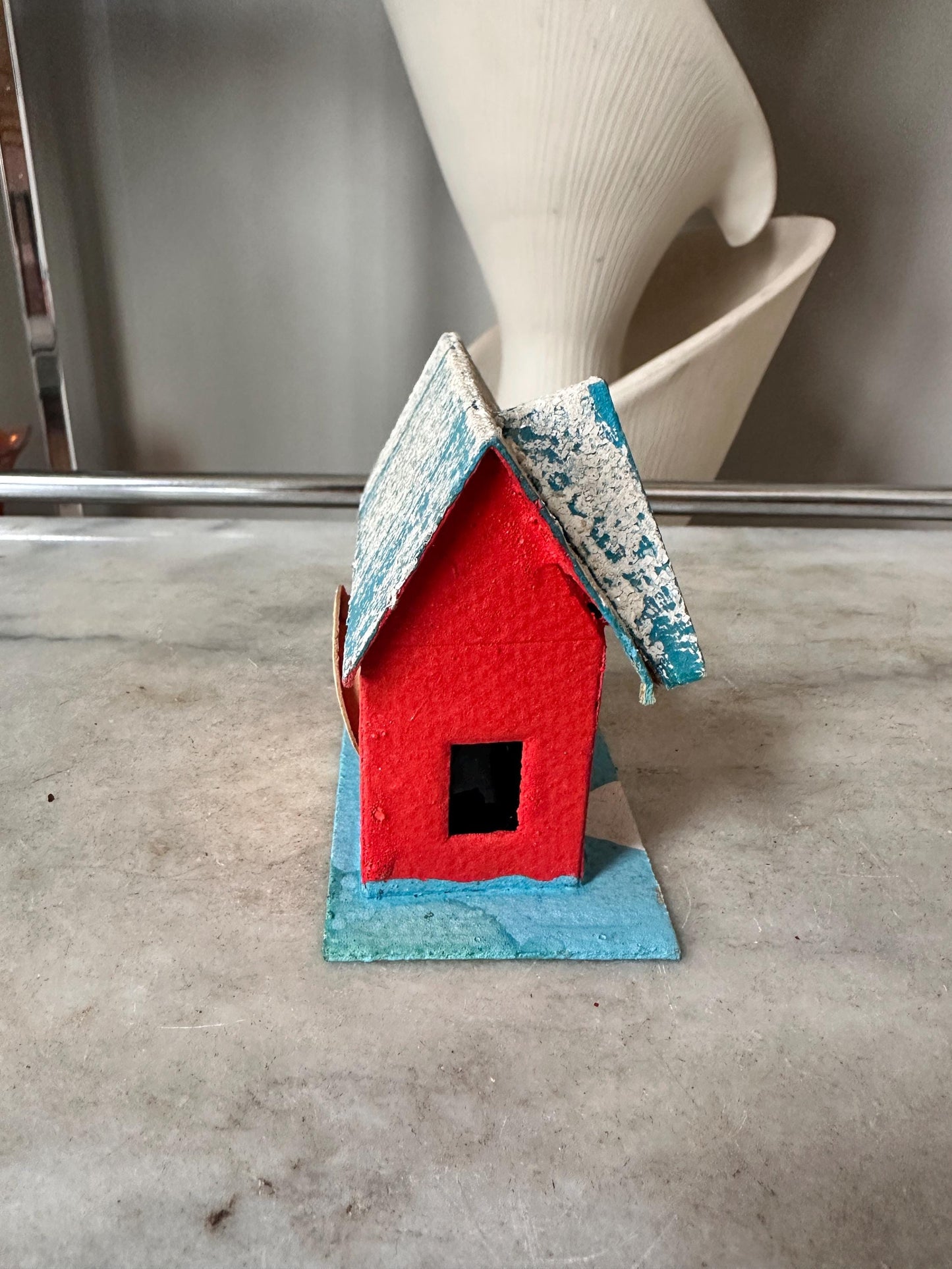 Vintage Blue, Red and White Mica Glitter Putz House, Made in Japan