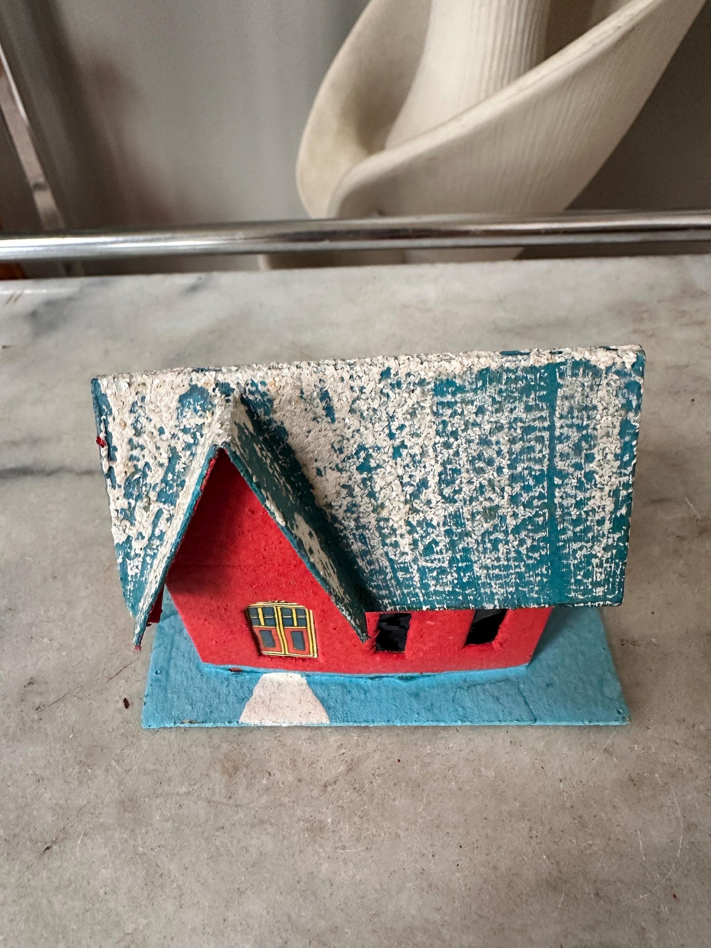 Vintage Blue, Red and White Mica Glitter Putz House, Made in Japan