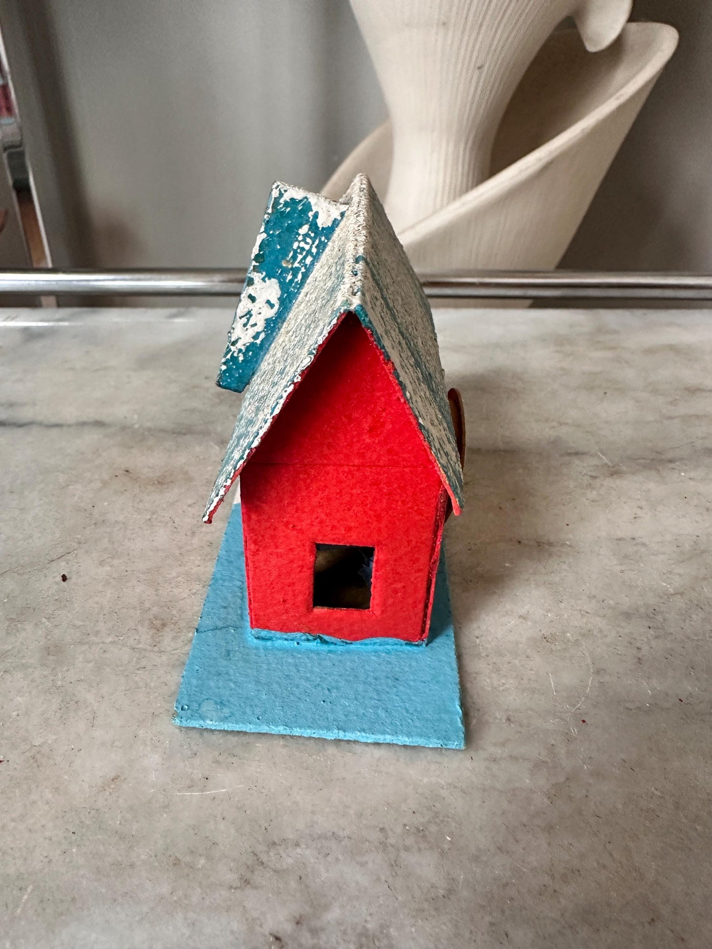 Vintage Blue, Red and White Mica Glitter Putz House, Made in Japan