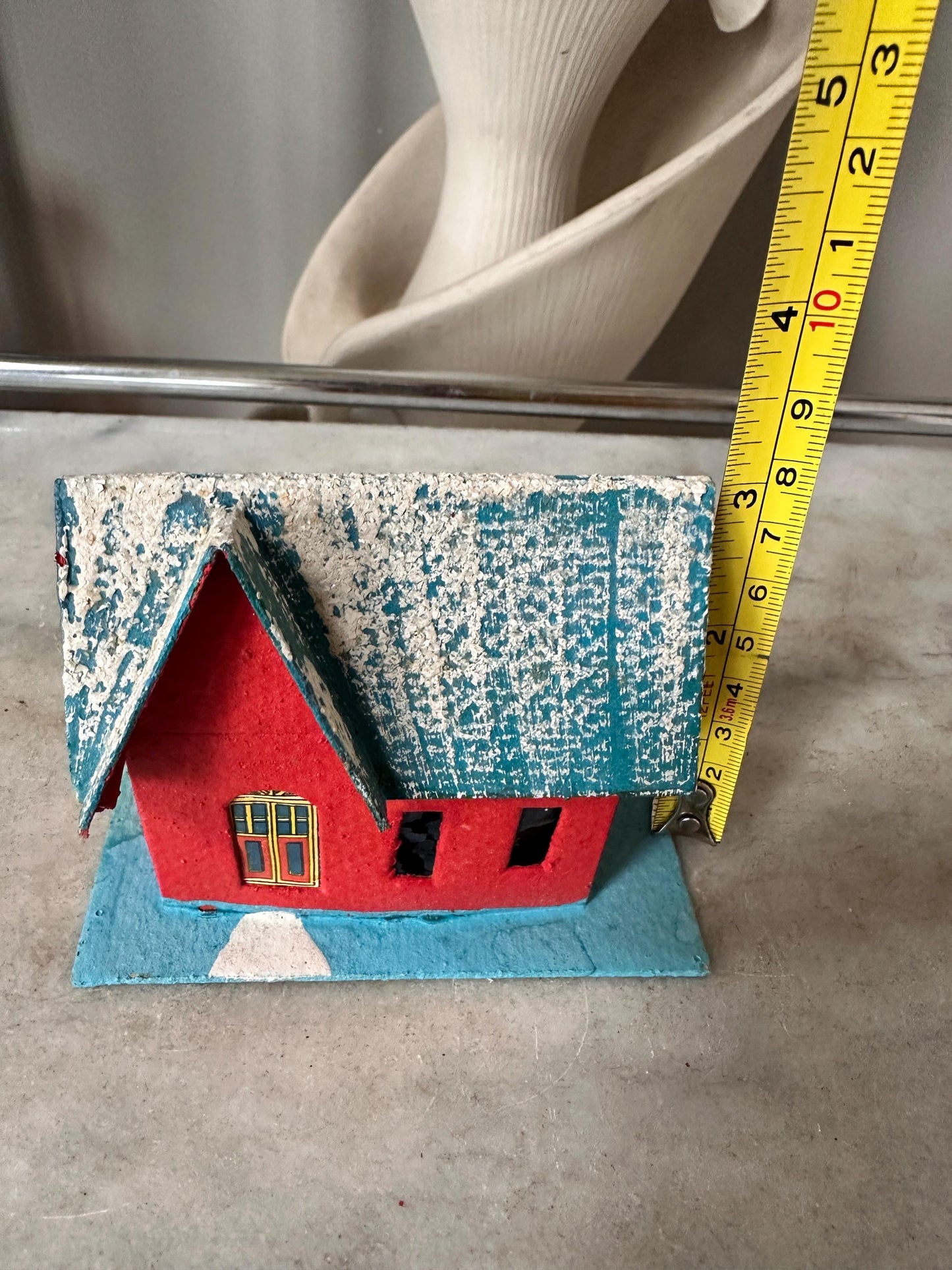 Vintage Blue, Red and White Mica Glitter Putz House, Made in Japan