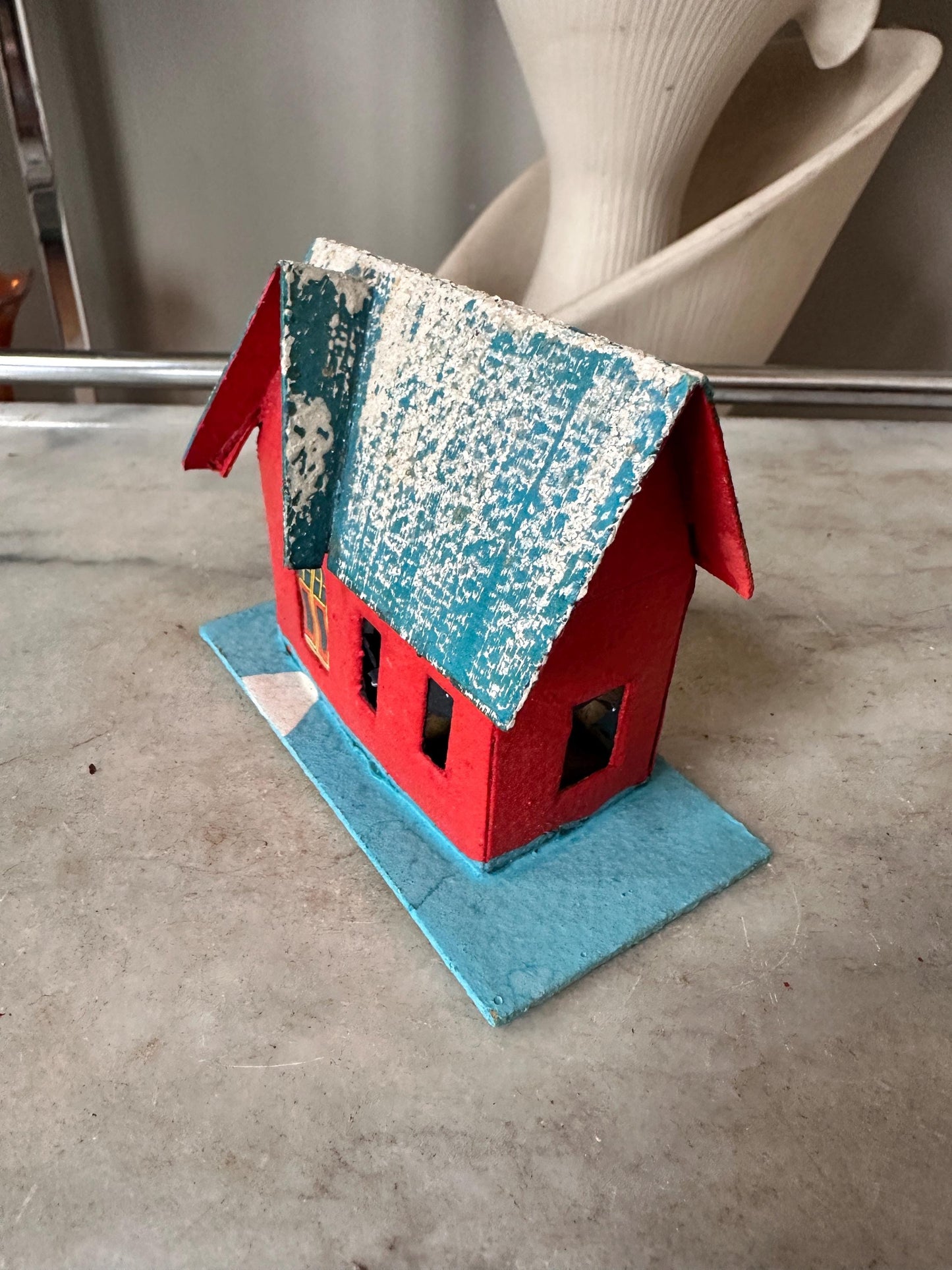 Vintage Blue, Red and White Mica Glitter Putz House, Made in Japan