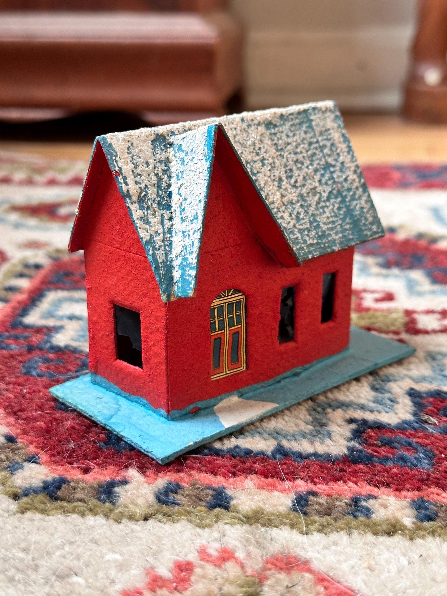 Vintage Blue, Red and White Mica Glitter Putz House, Made in Japan