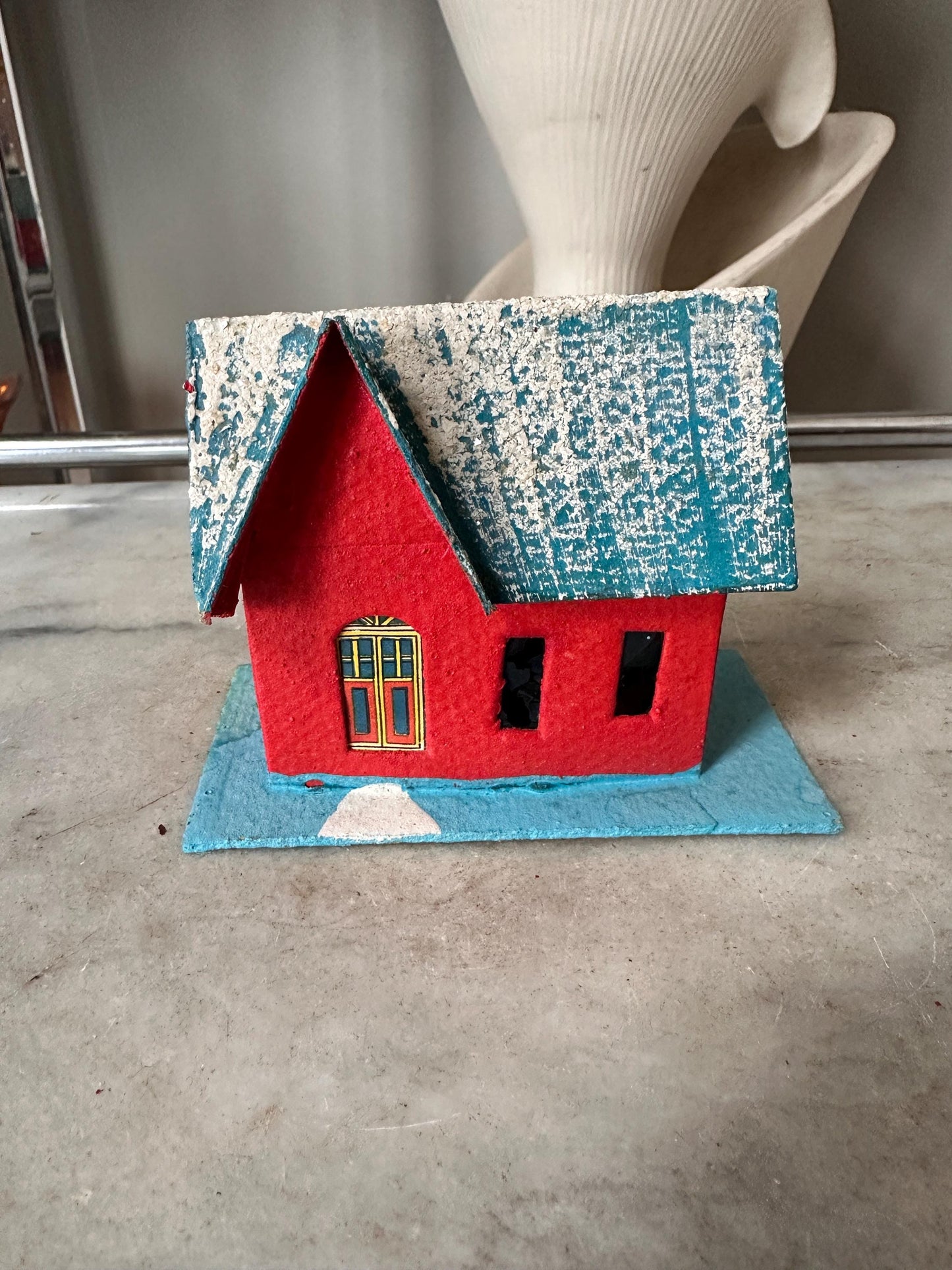 Vintage Blue, Red and White Mica Glitter Putz House, Made in Japan