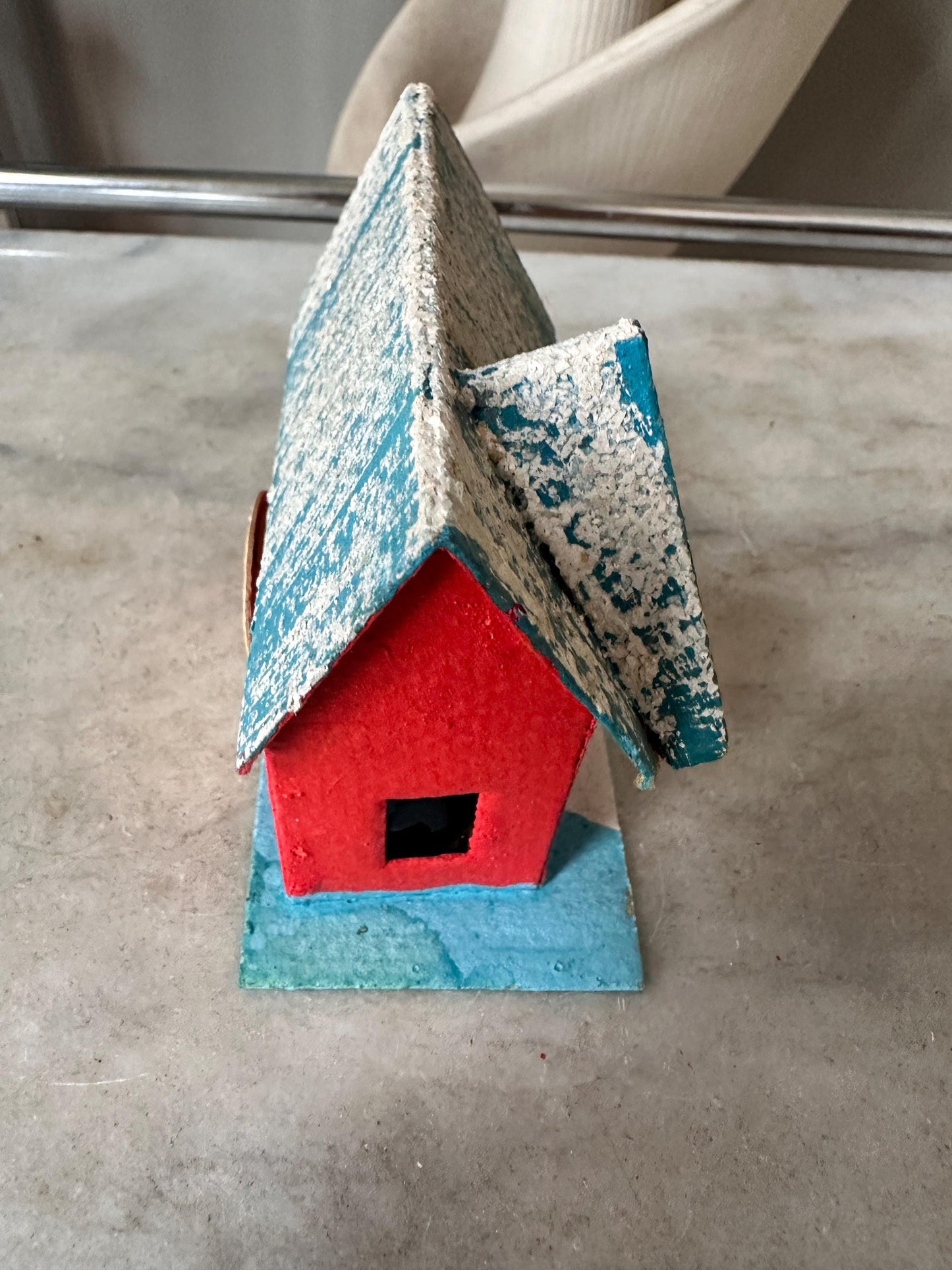 Vintage Blue, Red and White Mica Glitter Putz House, Made in Japan