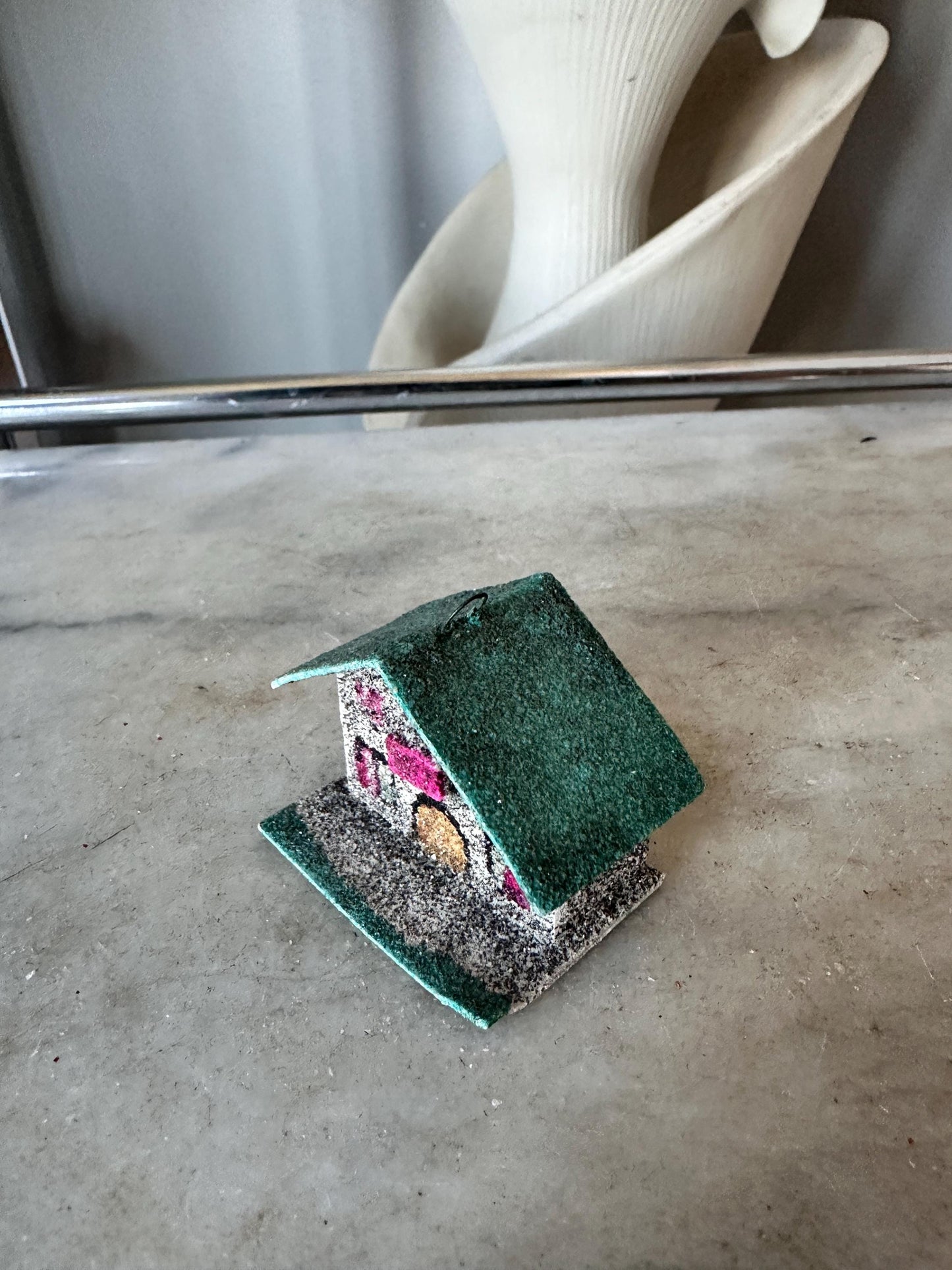 Vintage CHRISTMAS Village Putz House, Green Roof Mica Glitter, Made in Japan Ornament