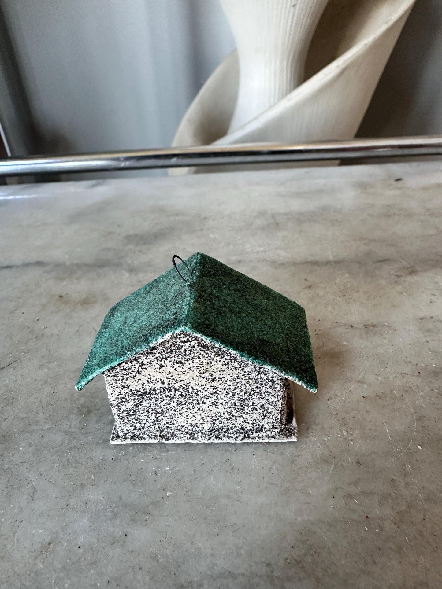 Vintage CHRISTMAS Village Putz House, Green Roof Mica Glitter, Made in Japan Ornament