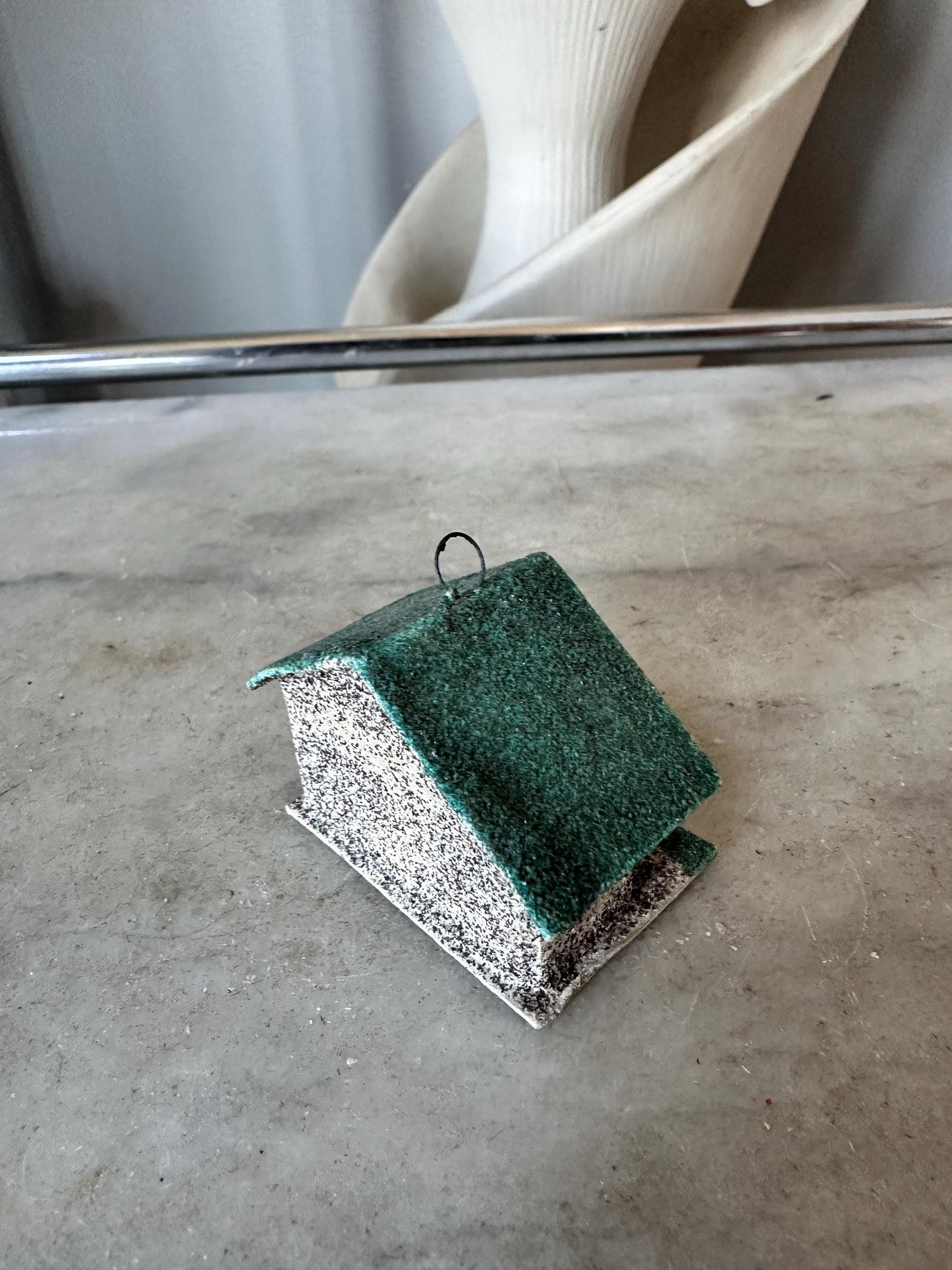 Vintage CHRISTMAS Village Putz House, Green Roof Mica Glitter, Made in Japan Ornament