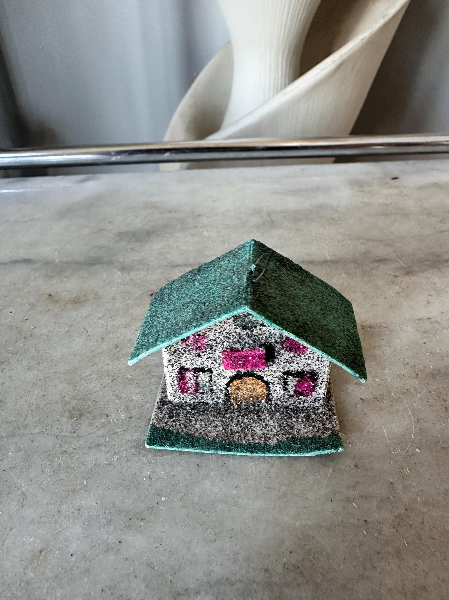 Vintage CHRISTMAS Village Putz House, Green Roof Mica Glitter, Made in Japan Ornament