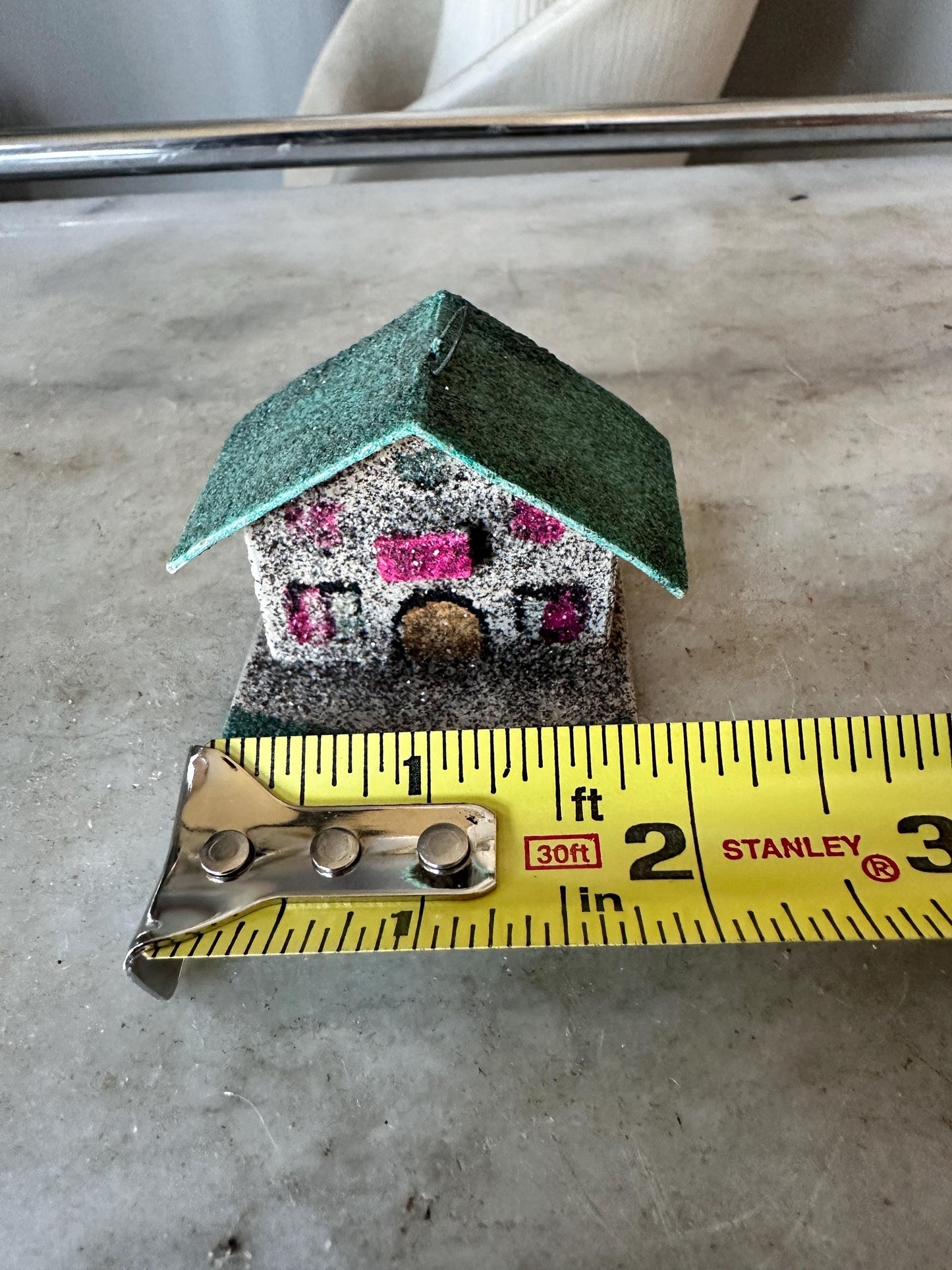 Vintage CHRISTMAS Village Putz House, Green Roof Mica Glitter, Made in Japan Ornament