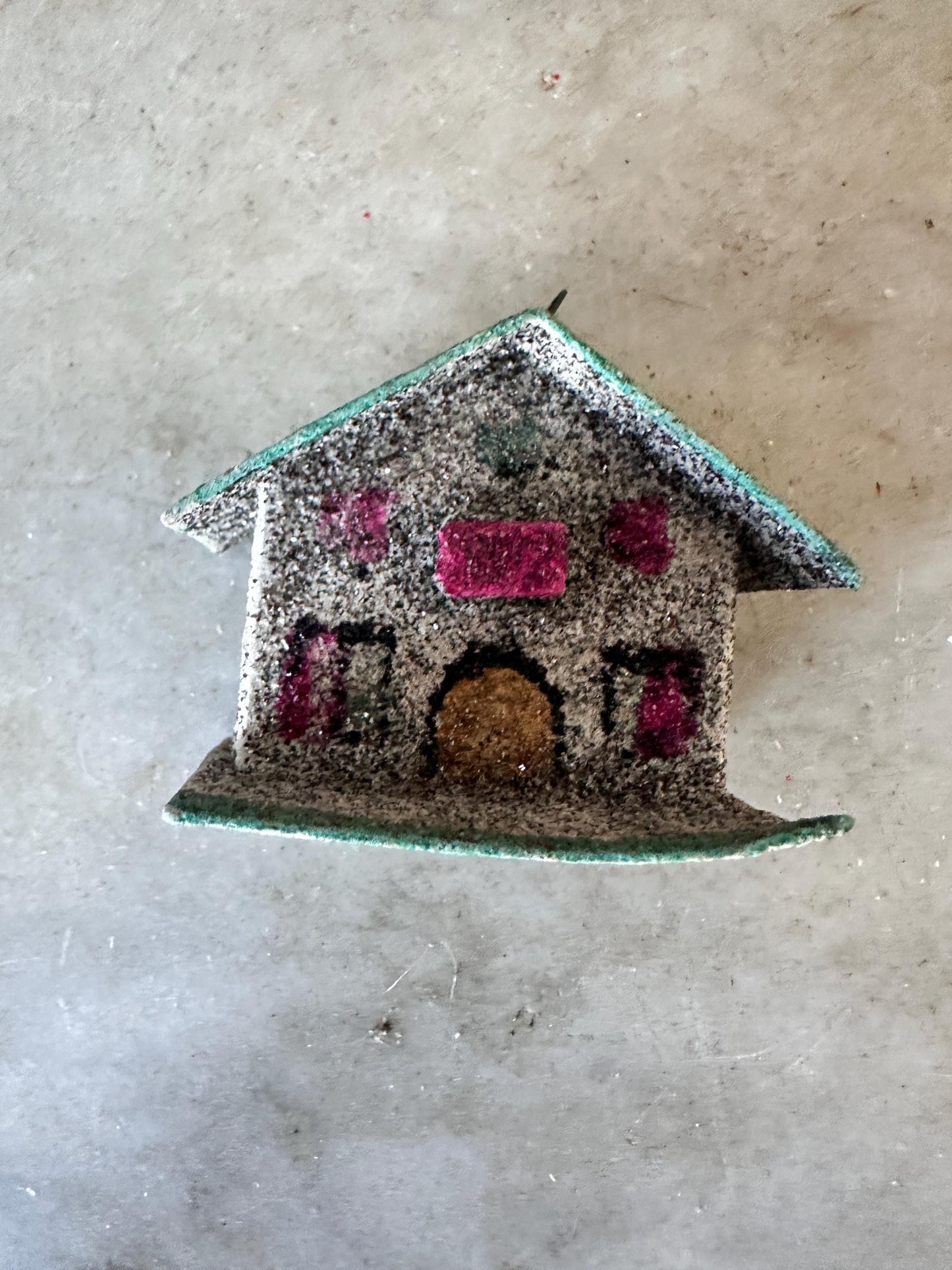 Vintage CHRISTMAS Village Putz House, Green Roof Mica Glitter, Made in Japan Ornament