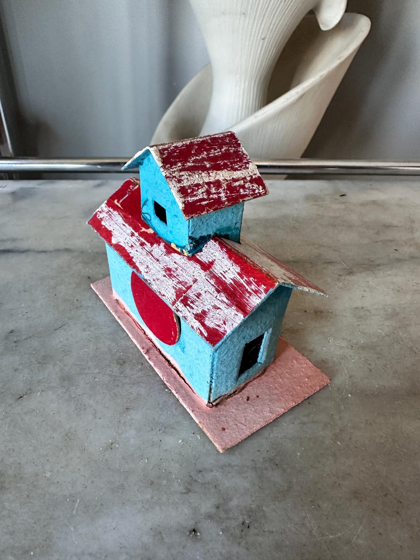 Vintage Putz House -  Red, Blue, Faux Snow Christmas Village Display (Made in Japan)