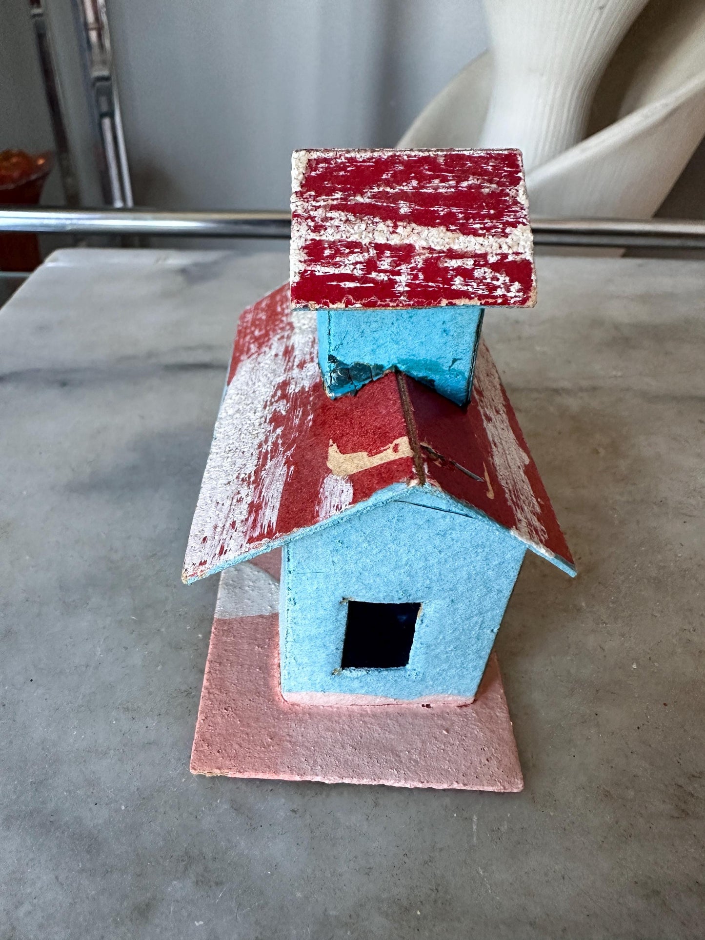 Vintage Putz House -  Red, Blue, Faux Snow Christmas Village Display (Made in Japan)