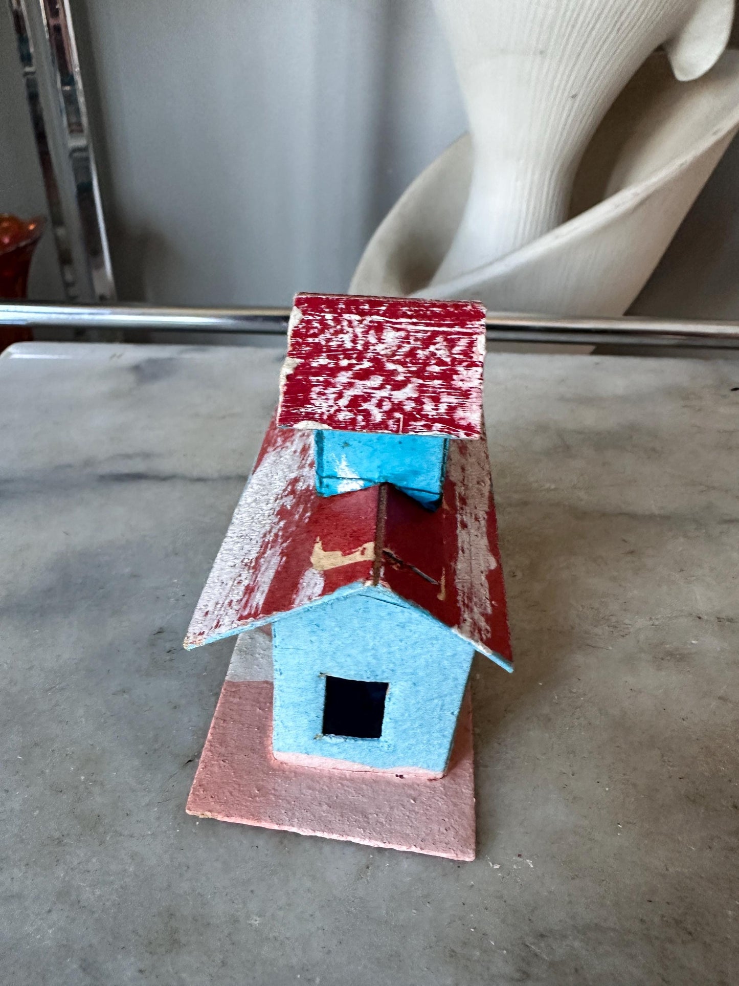 Vintage Putz House -  Red, Blue, Faux Snow Christmas Village Display (Made in Japan)