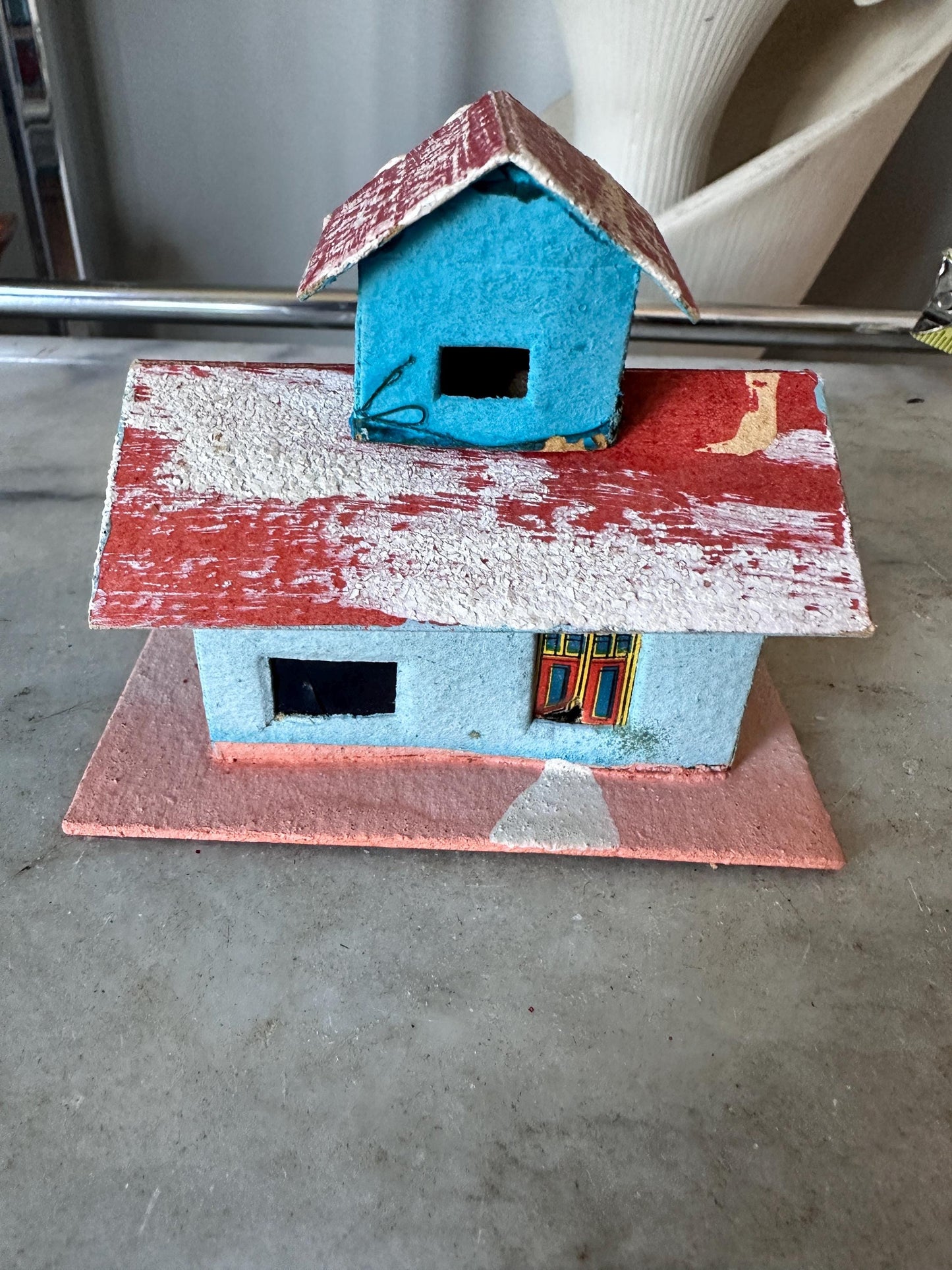 Vintage Putz House -  Red, Blue, Faux Snow Christmas Village Display (Made in Japan)