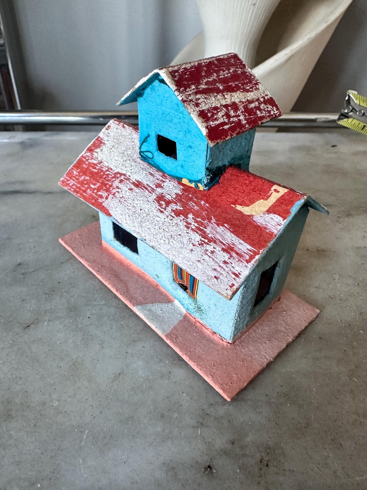 Vintage Putz House -  Red, Blue, Faux Snow Christmas Village Display (Made in Japan)