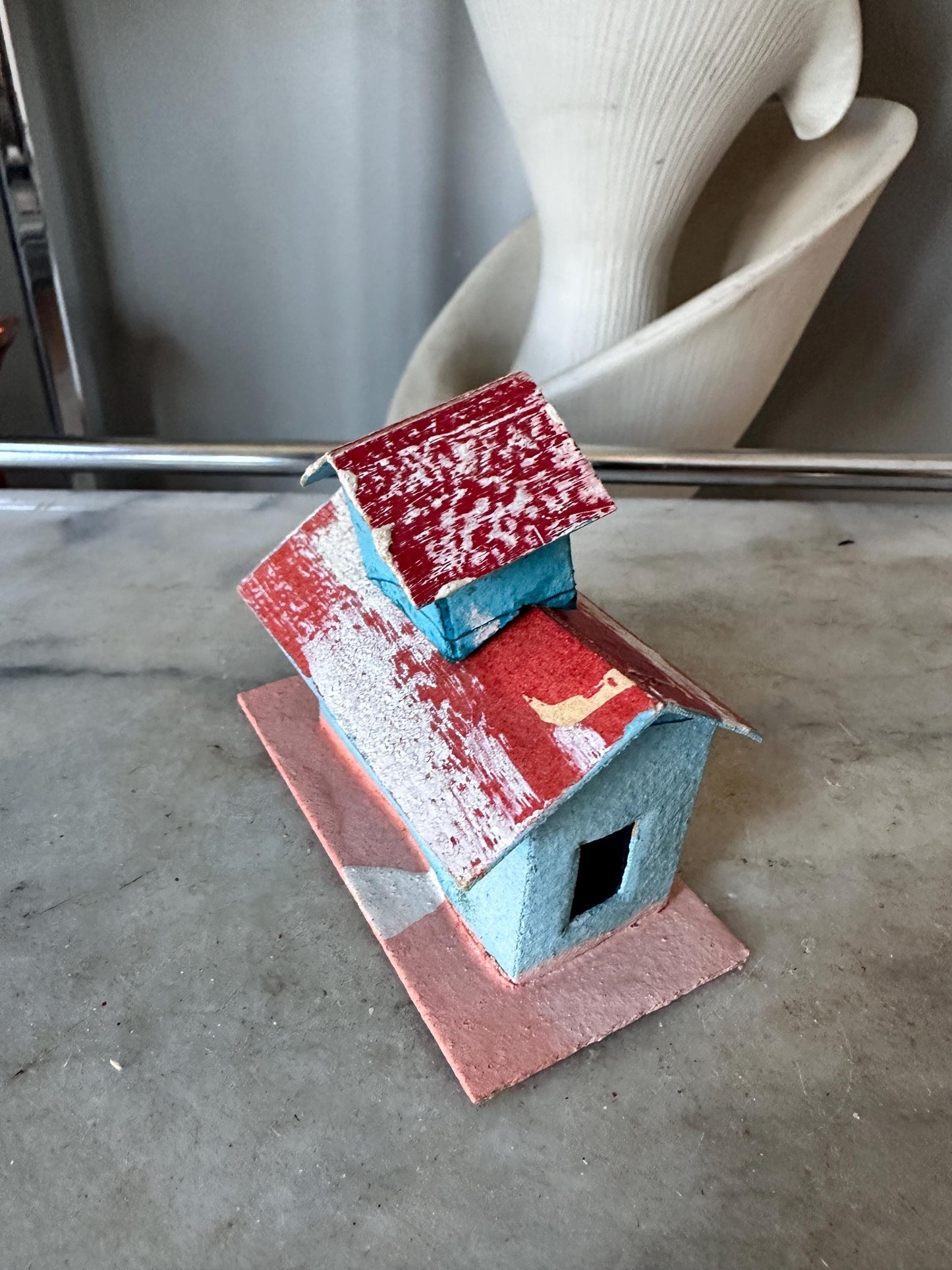 Vintage Putz House -  Red, Blue, Faux Snow Christmas Village Display (Made in Japan)