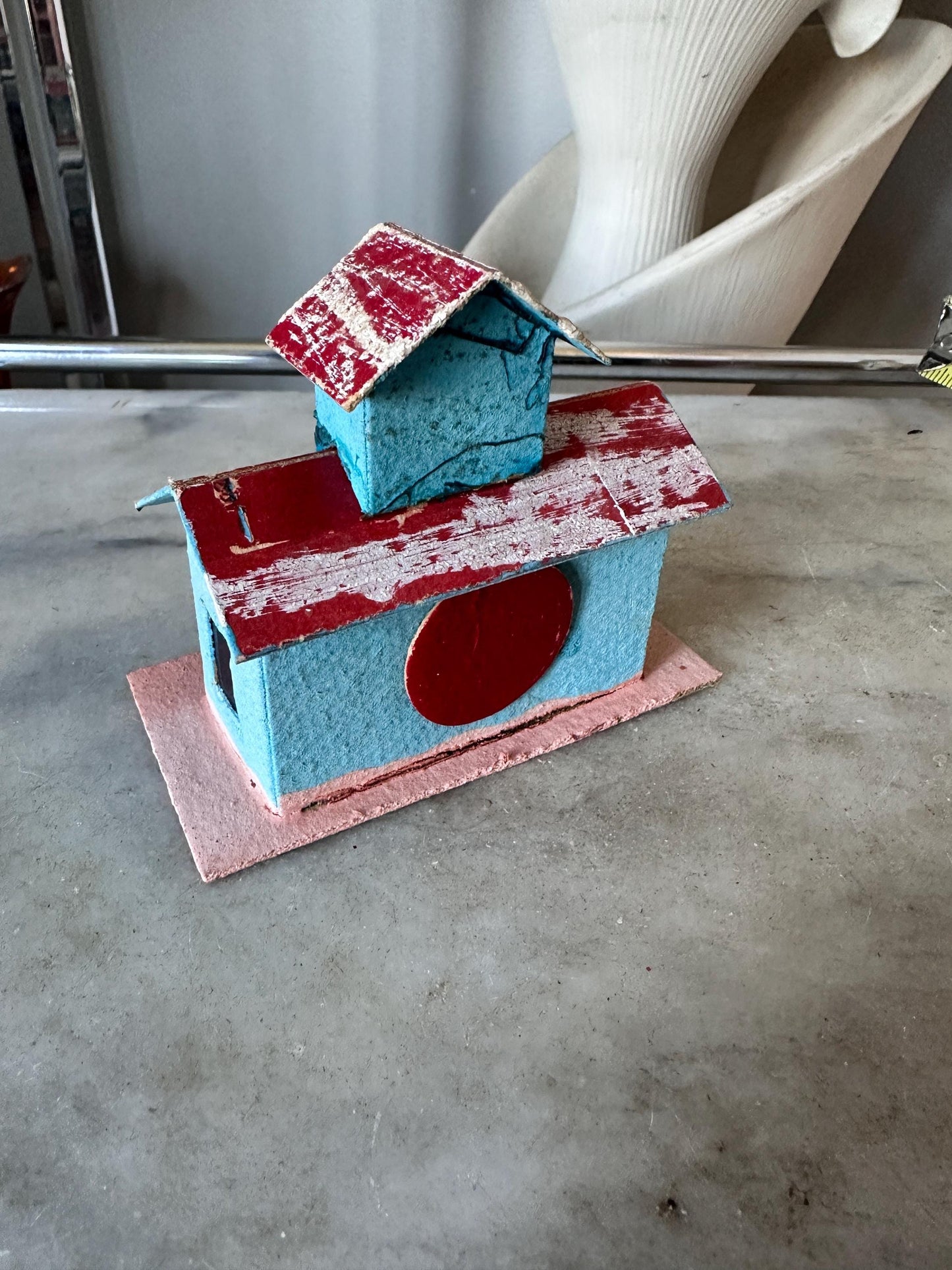 Vintage Putz House -  Red, Blue, Faux Snow Christmas Village Display (Made in Japan)