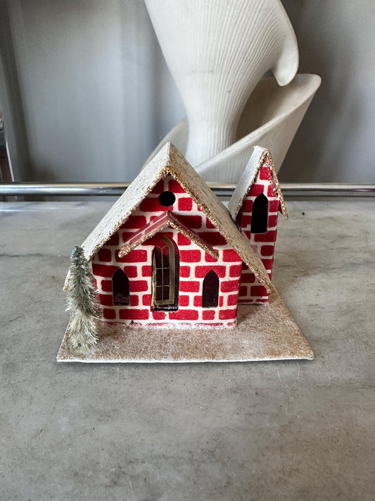 Vintage Mica Putz House, Red Brick, Glitter, Bottle Brush Tree Christmas Village Display