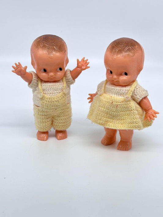 Vintage Irwin Celluloid Baby Dolls, Yellow Crocheted Outfits, Mid-Century Nursery Decor, Made in USA