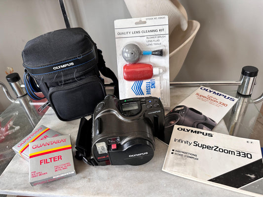 Olympus Infinity Super Zoom 330 35mm Film Camera Bundle, Manual, Lens Kit, Filters