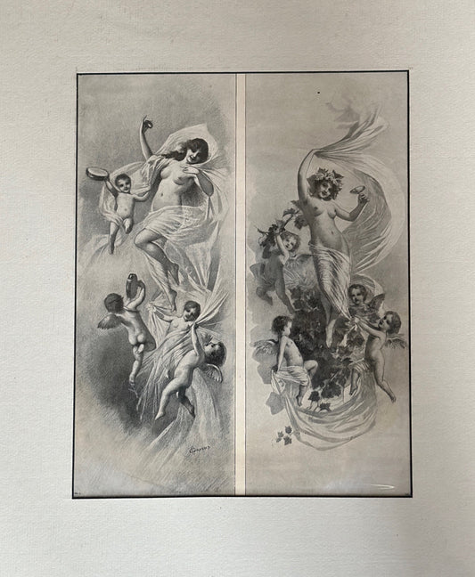 Antique Art Nouveu Print in Mat of Female Forms and Cherubs/Angels | Allegorische Figuren | 1900