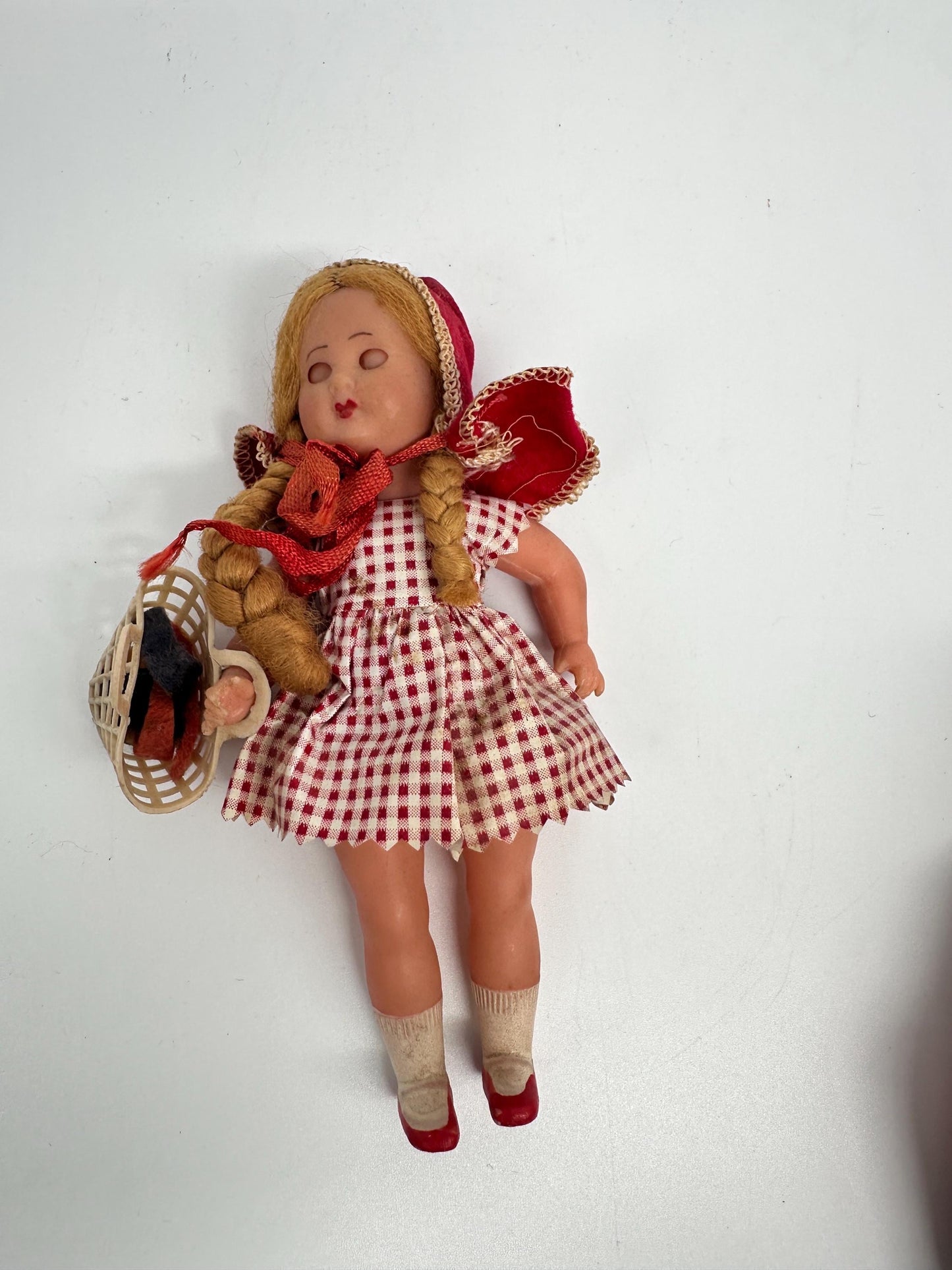 Vintage Little Red Riding Hood Doll,  Sleep Eyes Paper Dress, Made in Italy