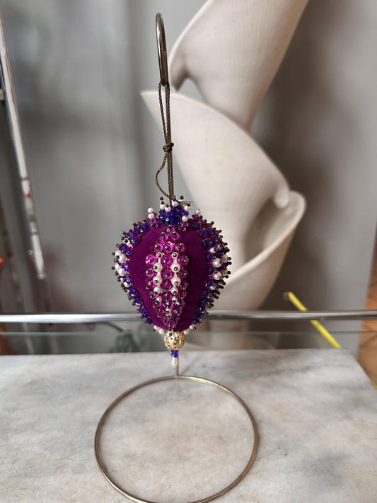 Vintage Beaded Christmas Ornament | Purple Gold White Handcrafted Holiday Decor