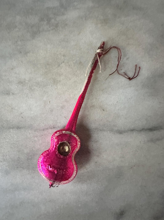 Vintage German Hand-Blown Glass Guitar Ornament | Fuchsia Holiday Tree Trim