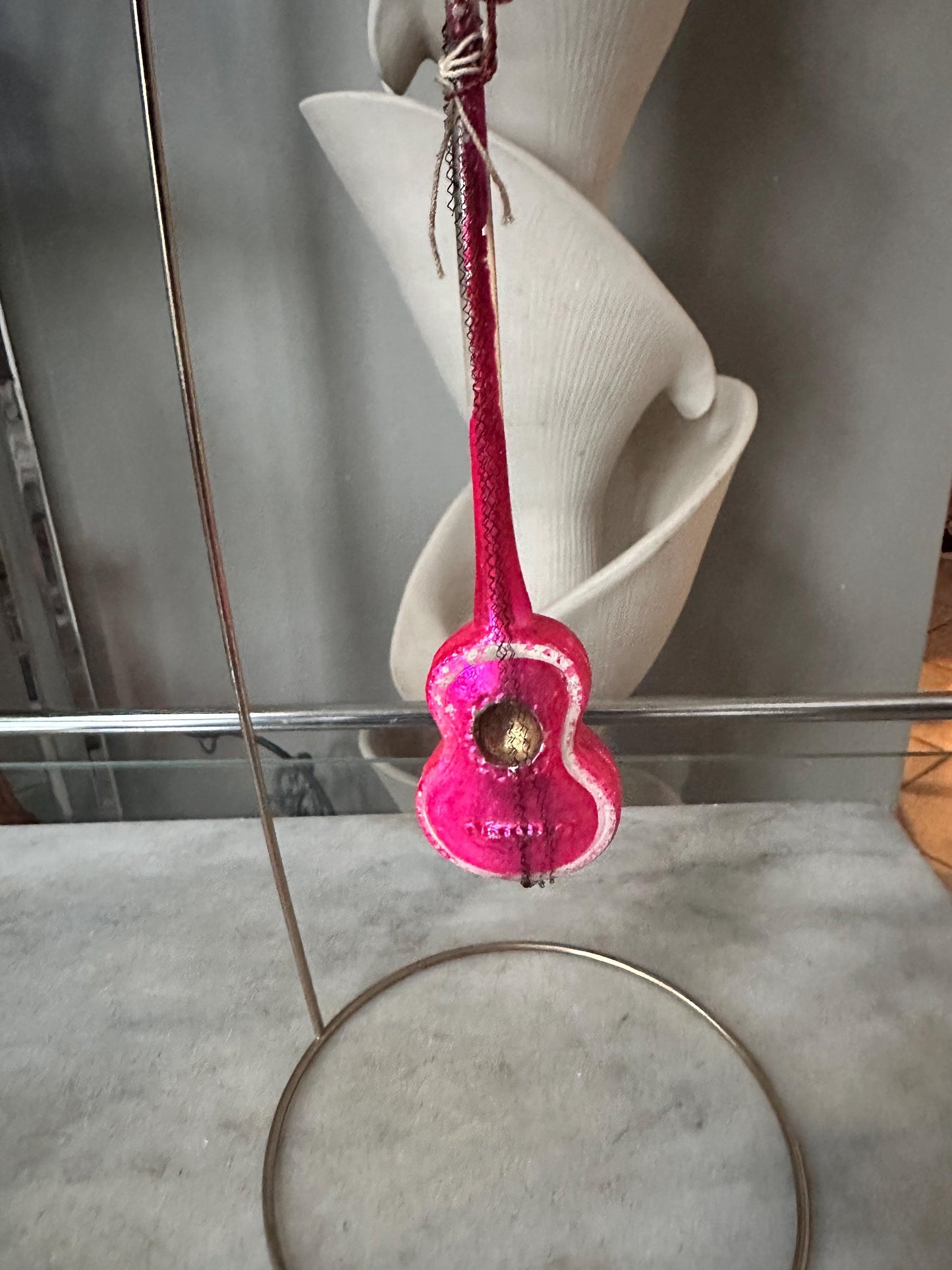 Vintage German Hand-Blown Glass Guitar Ornament | Fuchsia Holiday Tree Trim