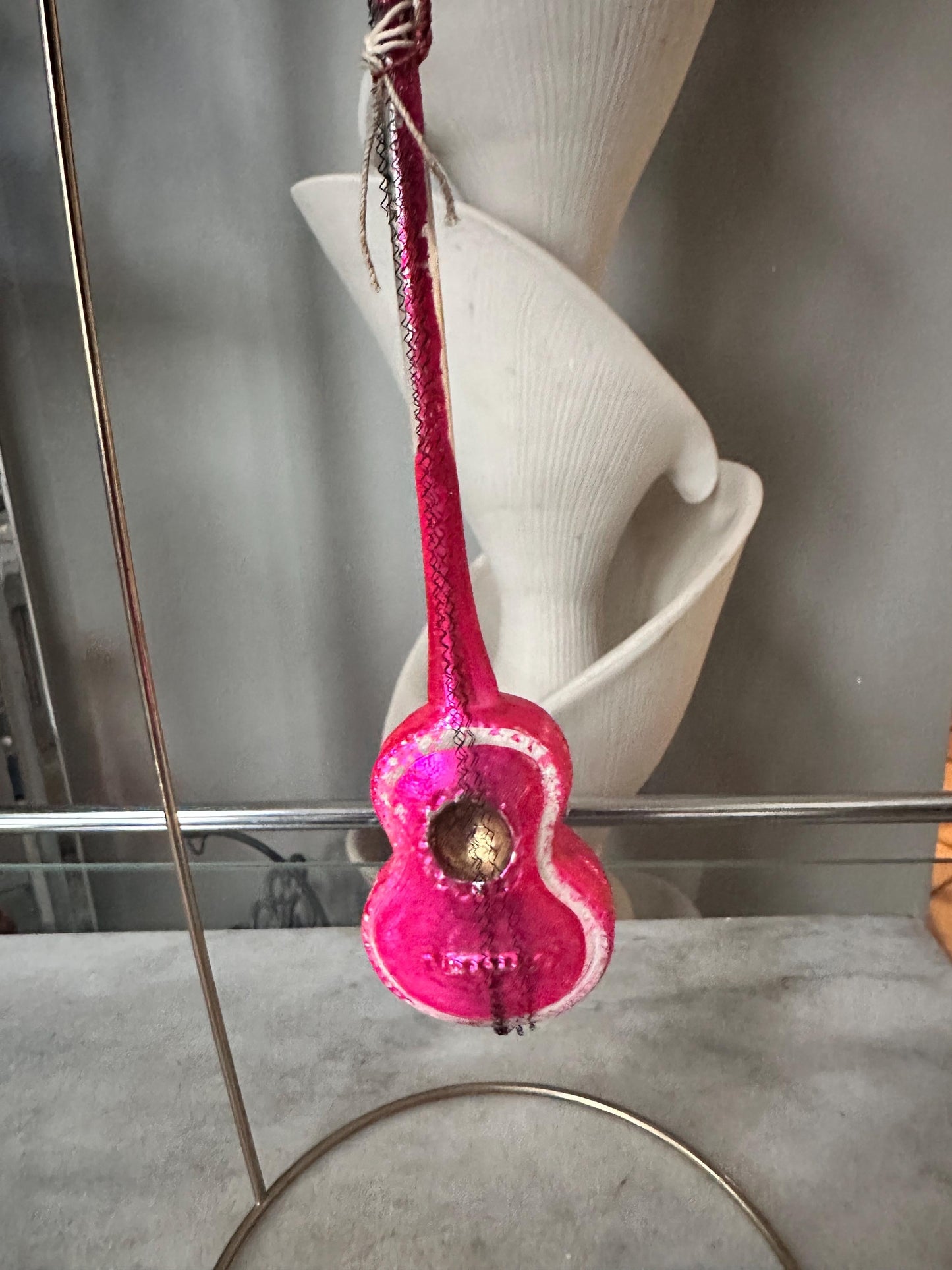 Vintage German Hand-Blown Glass Guitar Ornament | Fuchsia Holiday Tree Trim