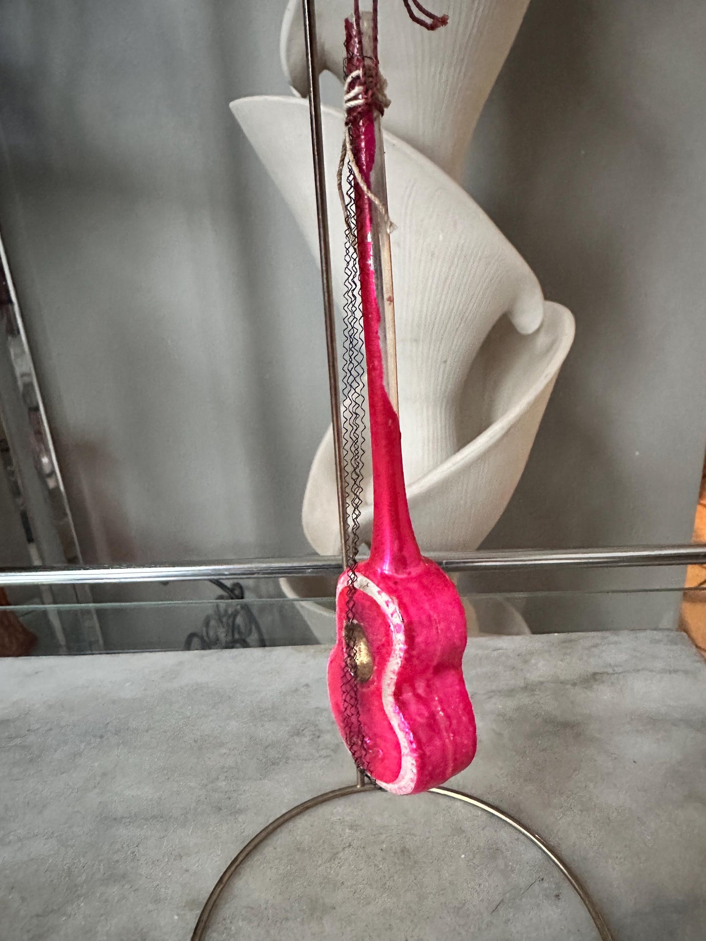 Vintage German Hand-Blown Glass Guitar Ornament | Fuchsia Holiday Tree Trim