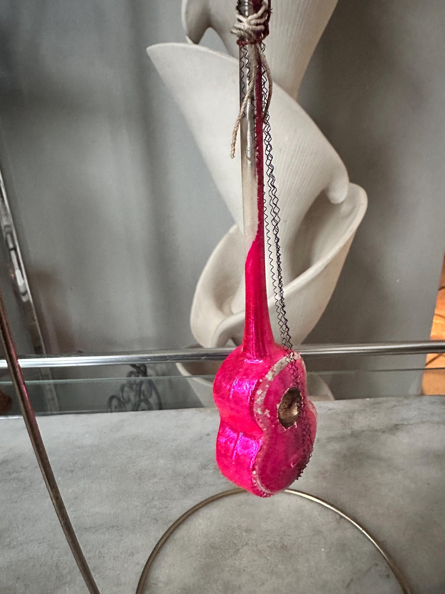 Vintage German Hand-Blown Glass Guitar Ornament | Fuchsia Holiday Tree Trim