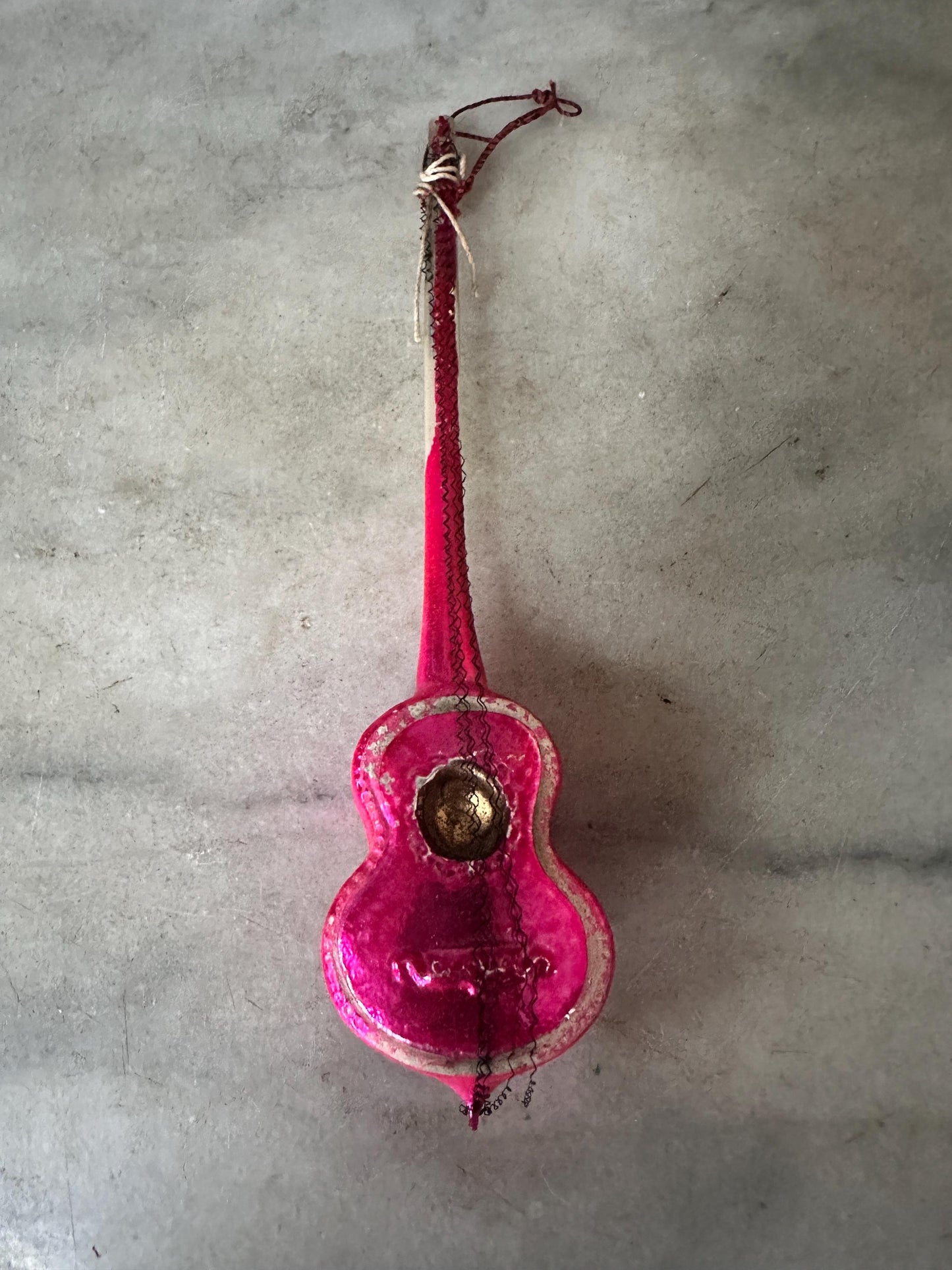 Vintage German Hand-Blown Glass Guitar Ornament | Fuchsia Holiday Tree Trim