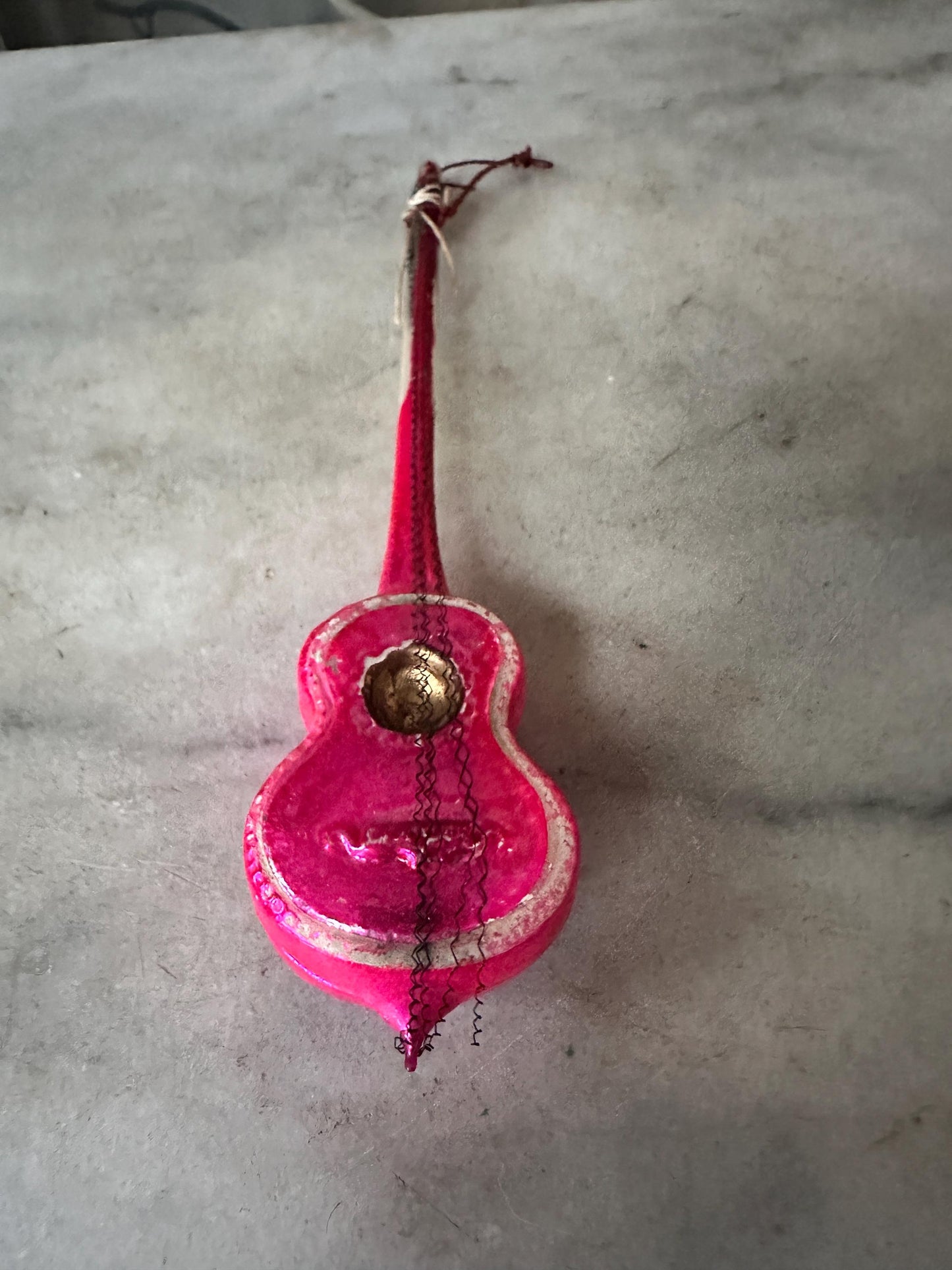 Vintage German Hand-Blown Glass Guitar Ornament | Fuchsia Holiday Tree Trim