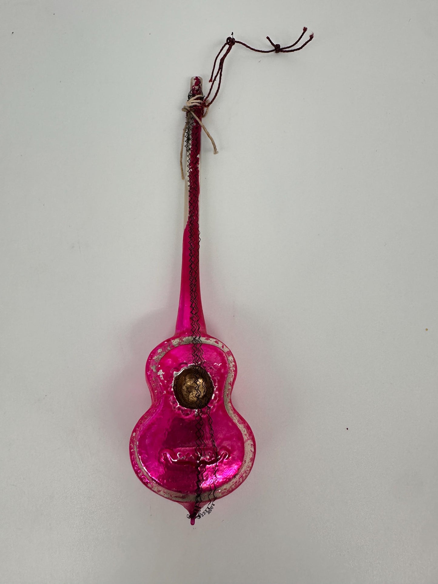 Vintage German Hand-Blown Glass Guitar Ornament | Fuchsia Holiday Tree Trim