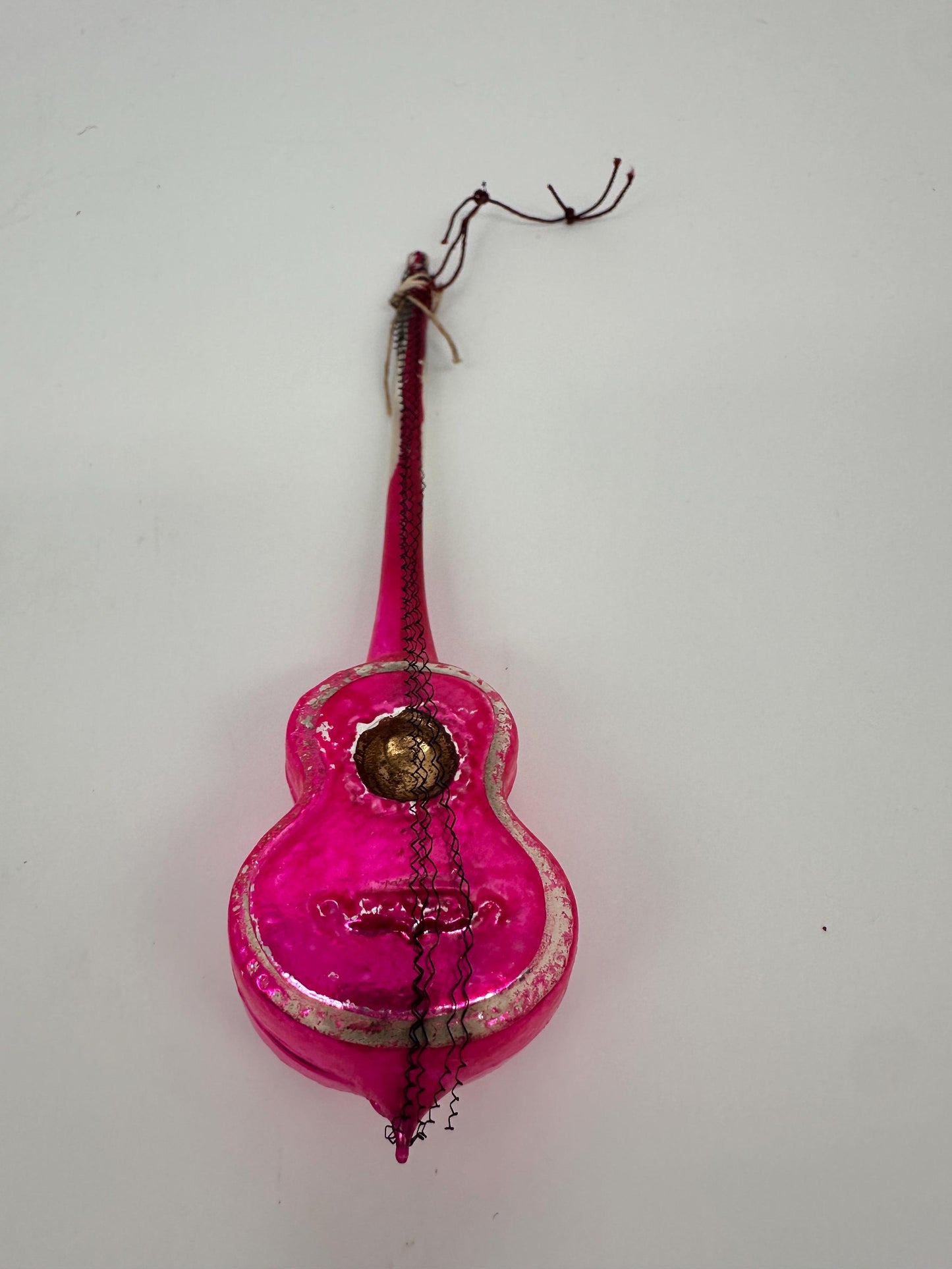 Vintage German Hand-Blown Glass Guitar Ornament | Fuchsia Holiday Tree Trim
