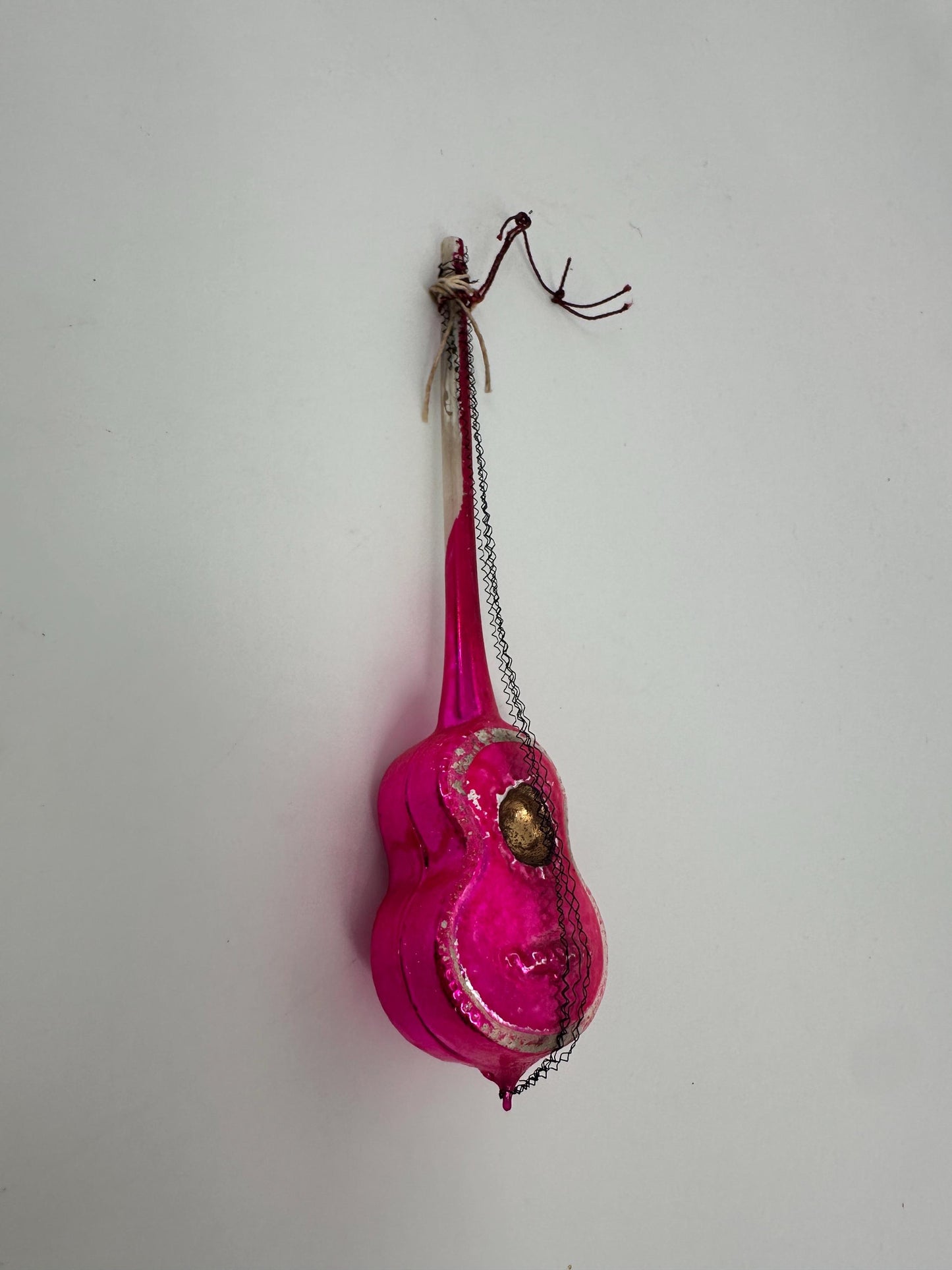Vintage German Hand-Blown Glass Guitar Ornament | Fuchsia Holiday Tree Trim