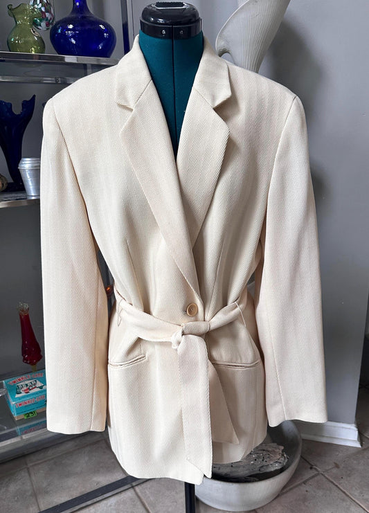 Emanuel Ungaro Ivory Wool Blazer, Belted Herringbone Jacket, Vintage Designer Size 12